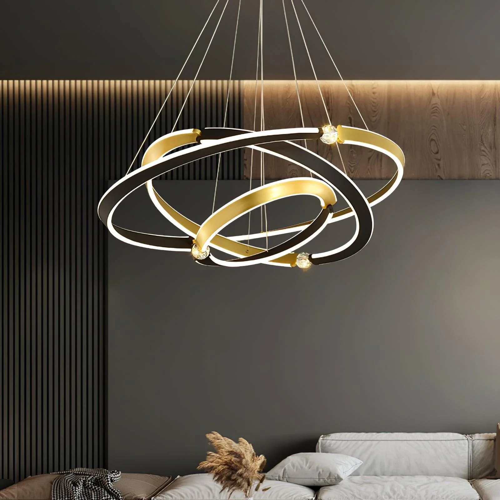 Подвесной светильник Beliani LED - 3 уровня, ∅40см + ∅60см + ∅80см x 150см, золотой, черный, холодный свет
