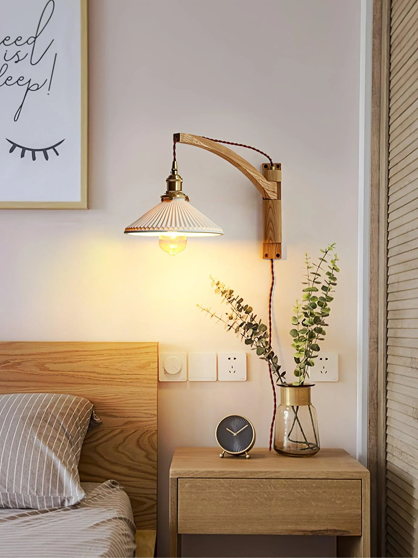 Walnut Swing Arm Wall Lamp - Model B Set of 2 / Brass & Walnut & White / EU Plug