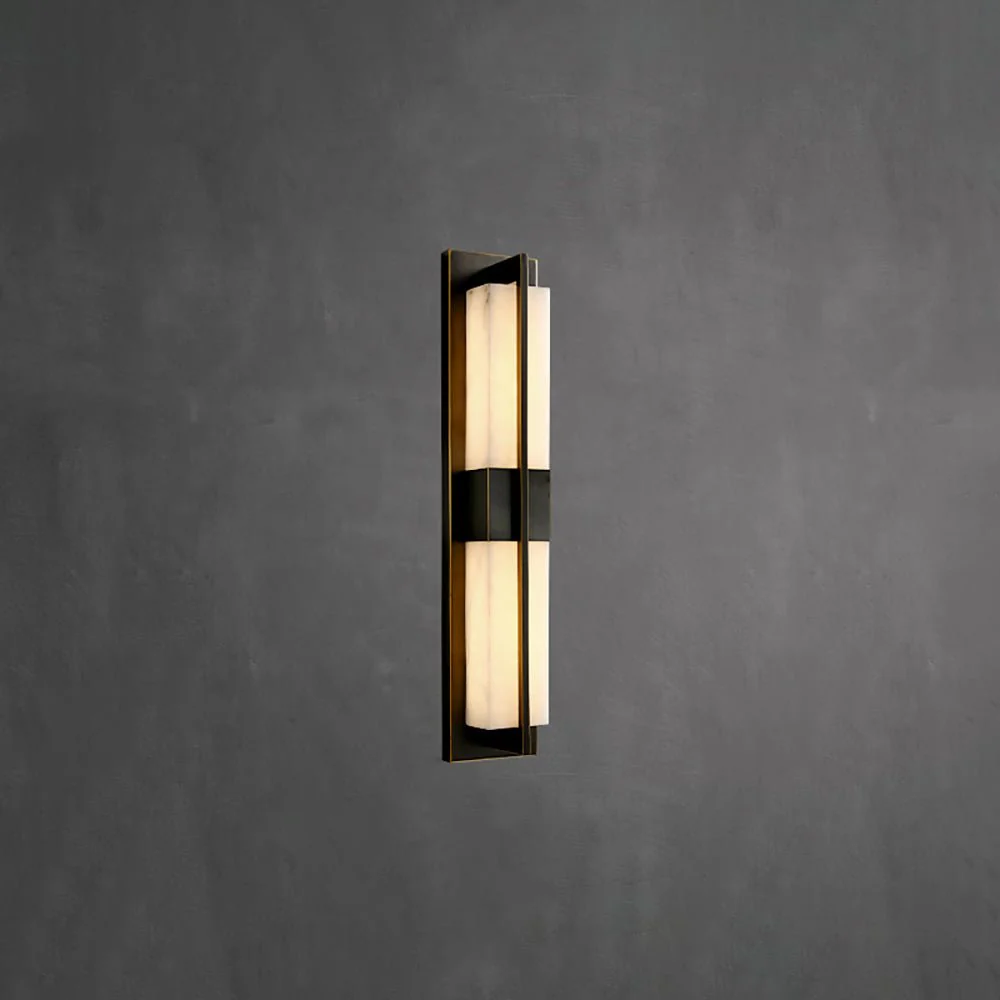 Rectangular Alabaster Brass Wall Sconce - ∅ 4.7″ x H 31.5″ / Dia 12cm x H 80cm / Black & Warm Light / Set Of 2