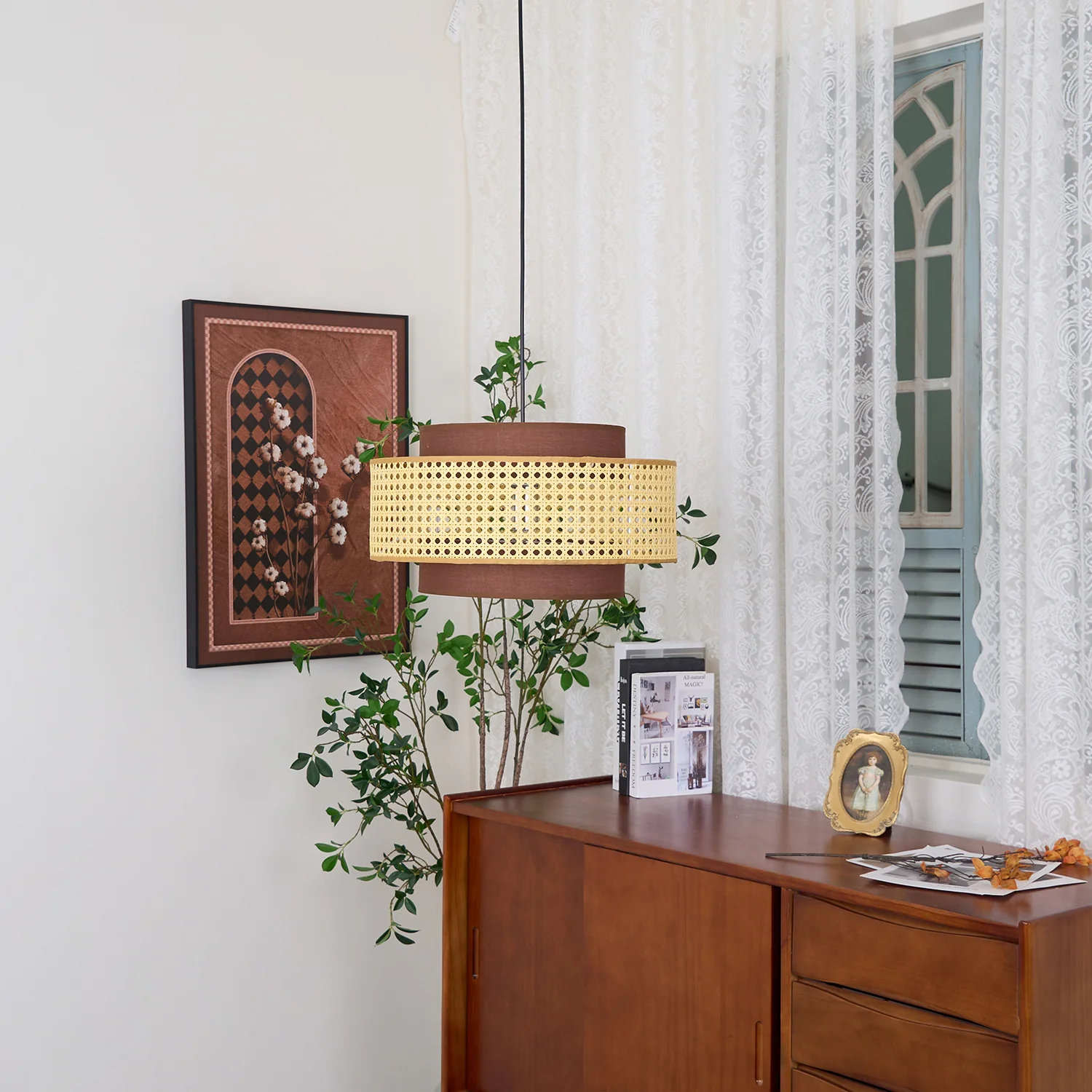 Подвесной светильник Drum Shade - ∅40см x 22см, черный, натуральный ротанг