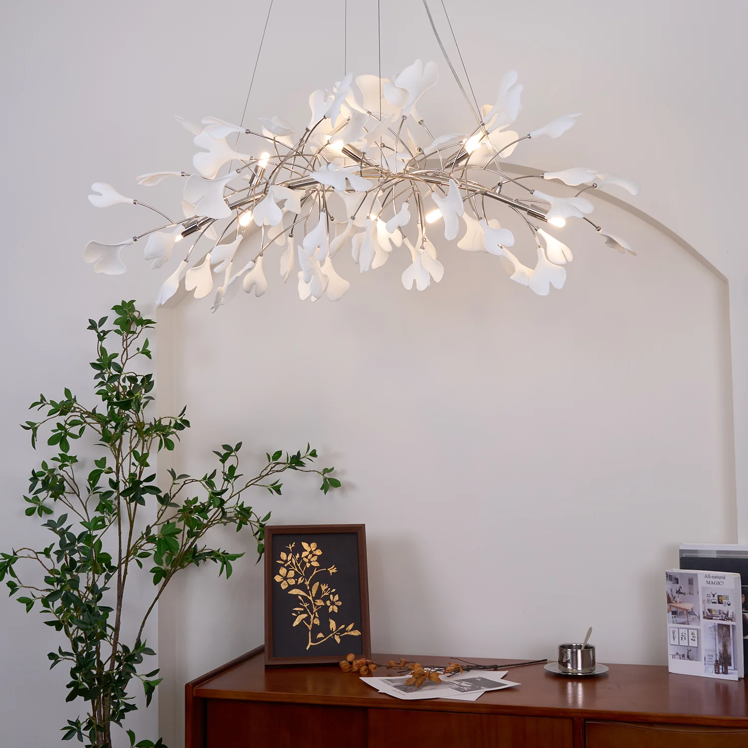 Люстра Gingko N - 180см x 70см x 55см, никель, белый