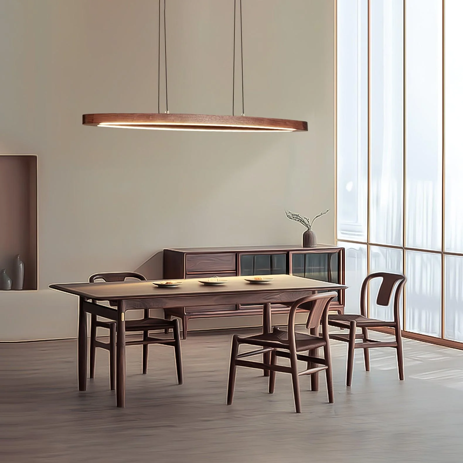 Подвесной светильник Walnut Arc Linear - 90см x 15см x 150см, орех, теплый свет