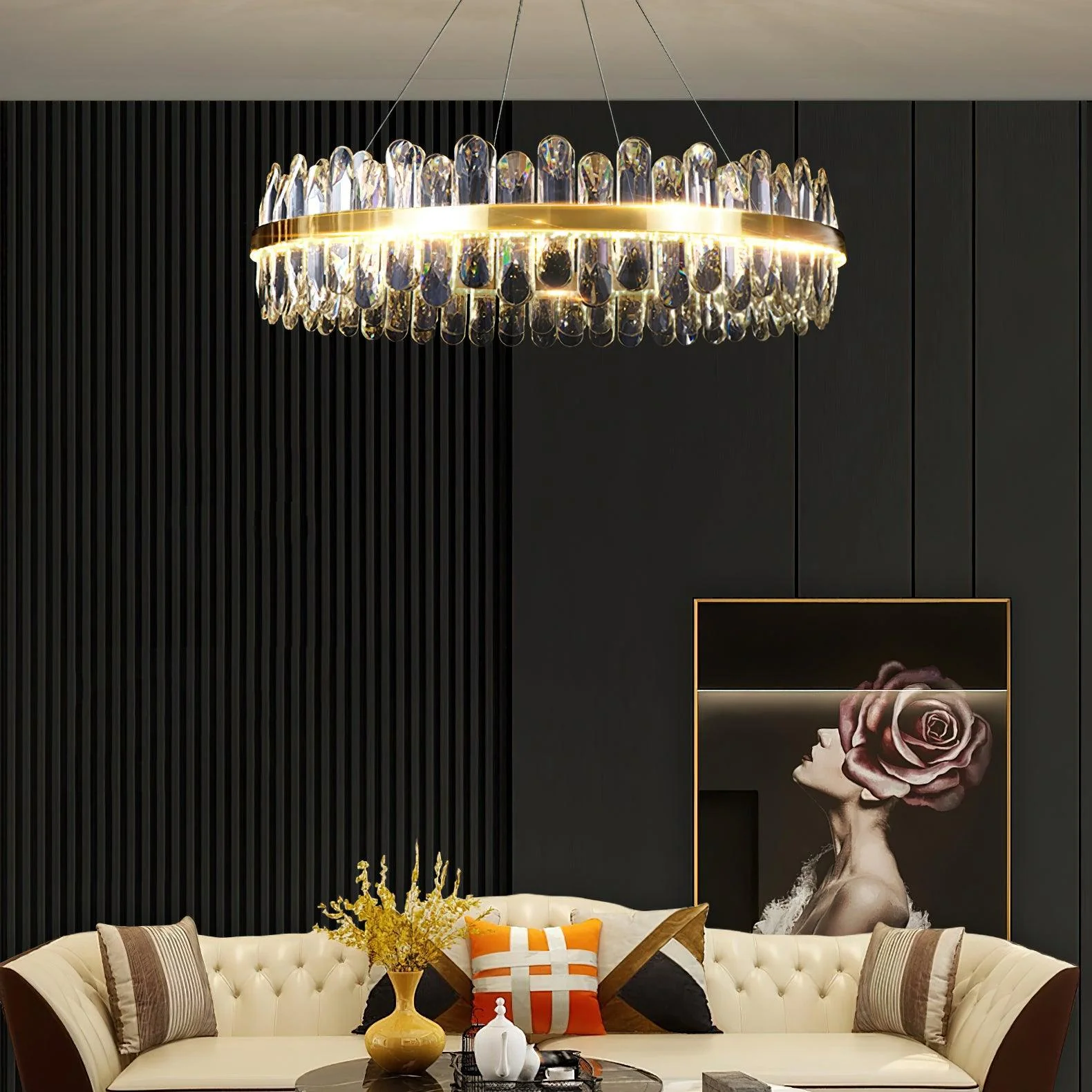 Люстра Enos Crystal - круглая, ∅60см x 20см, золотой, холодный свет