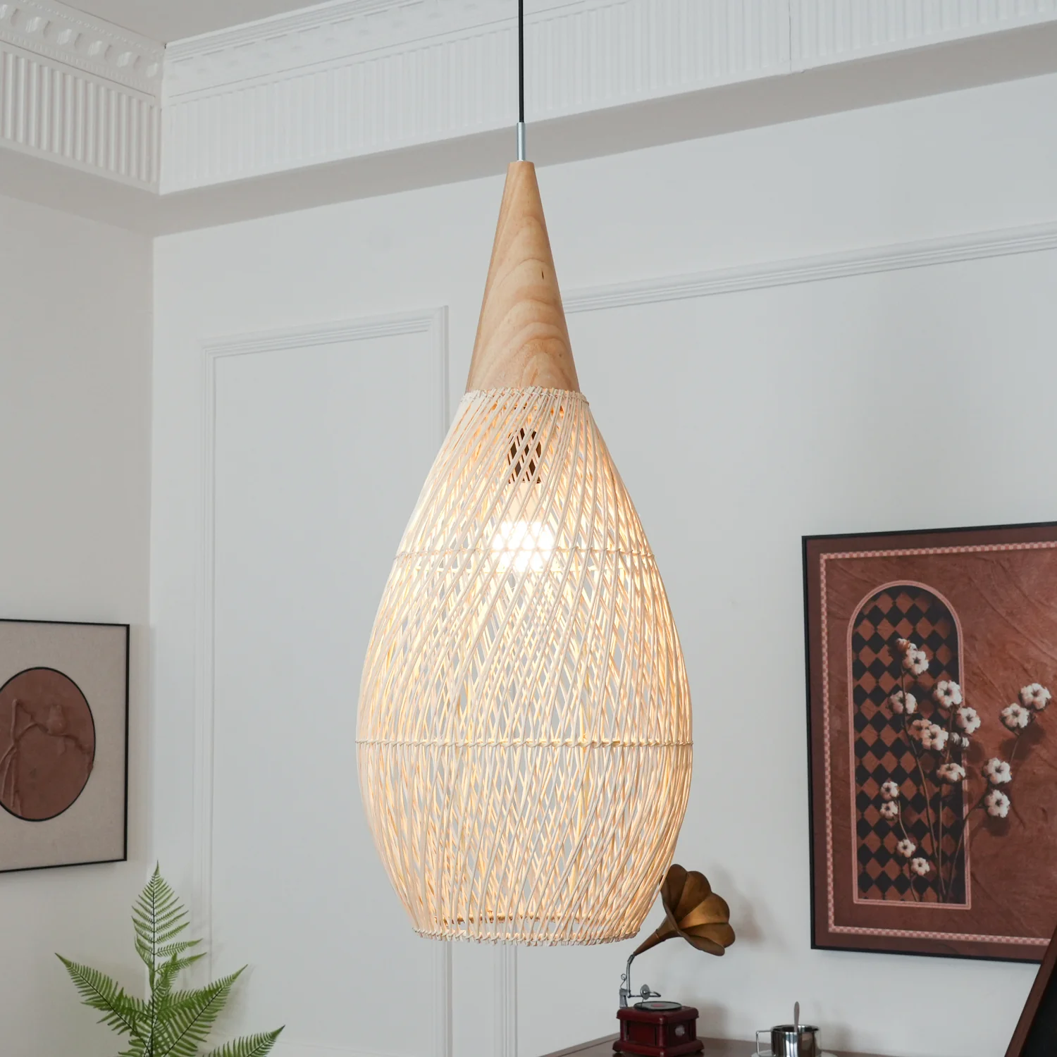 Подвесной светильник Braided Rattan - модель B, ∅50см x 25см, натуральное дерево, натуральный ротанг