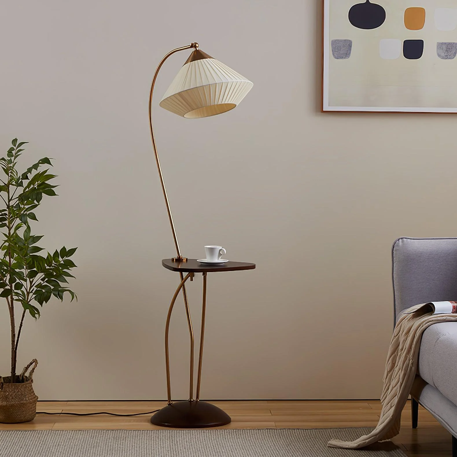 Торшер Curve With Table - ∅30см x 140см, латунь, орех, бежевый