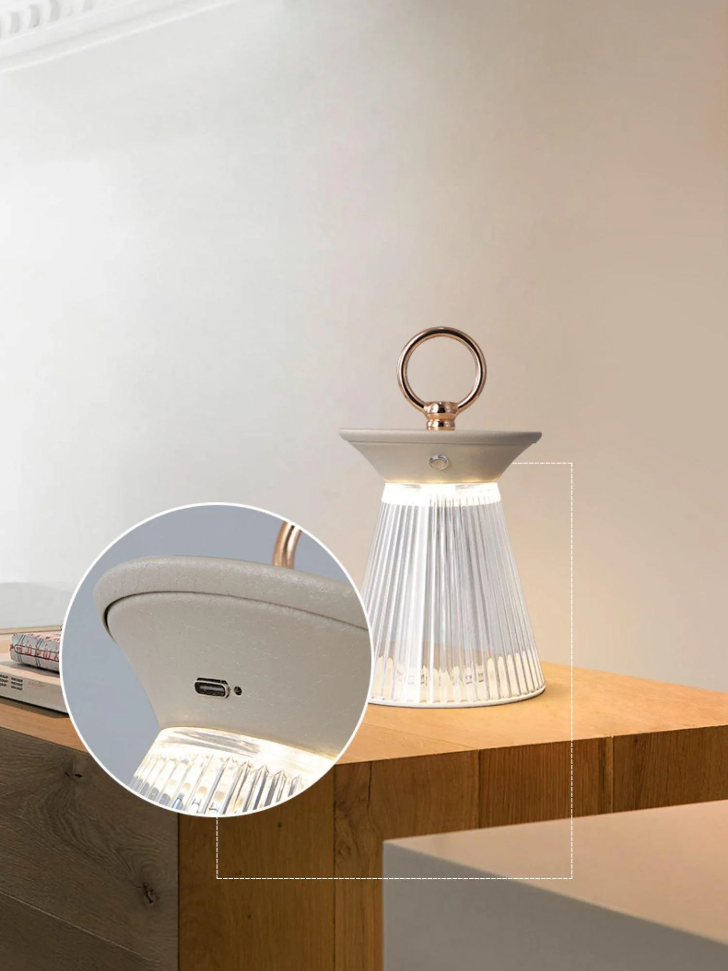 Настольный светильник Ribbed Acrylic Built-in Battery - ∅12см x 22см, матовый, светло-серый, сенсорный выключатель