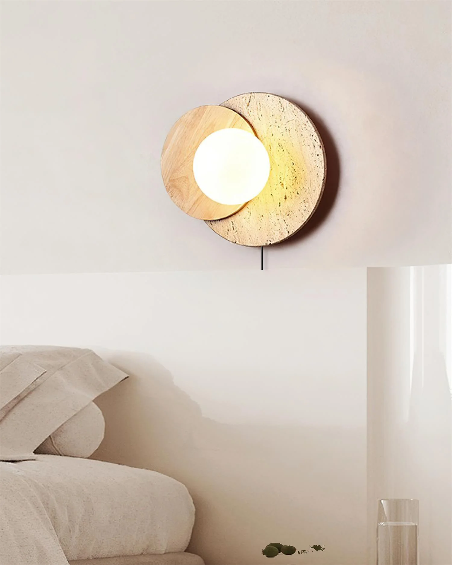 Lunar Eclipse Plug-in Wall Lamp - ∅ 11.8″ x H 9.8″  Set of 2 / Walnut Color & Beige / EU Plug