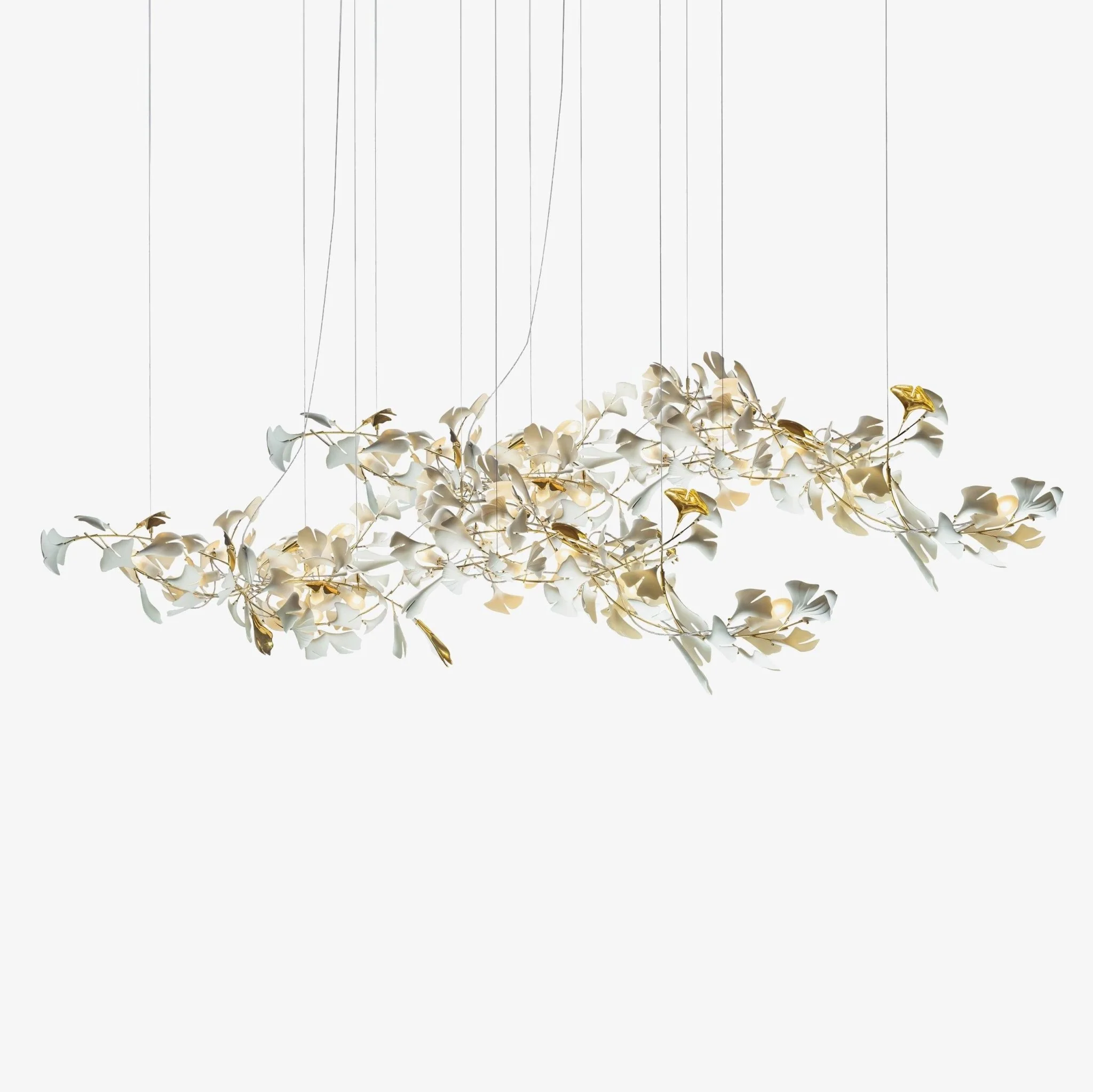Люстра Gold White Leaves Combination Gingko - 150см x 65см, золотой пластик, белая керамика, золотое основание