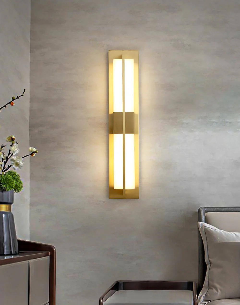 Rectangular Alabaster Brass Wall Sconce - ∅ 4.7″ x H 31.5″ / Dia 12cm x H 80cm / Black & Warm Light / Set Of 2