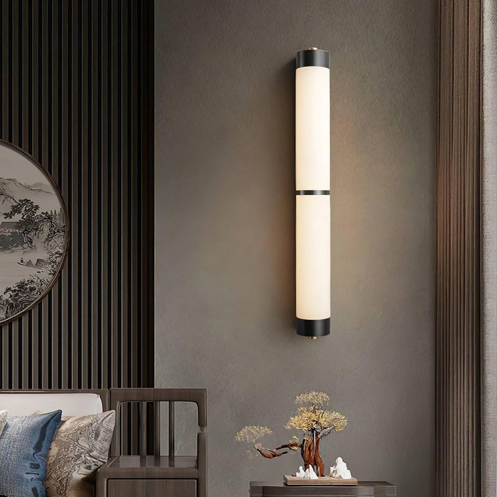 Настенный светильник Cylindra Alabaster Brass - модель B, ∅8см x 60см, черный, белый, холодный свет