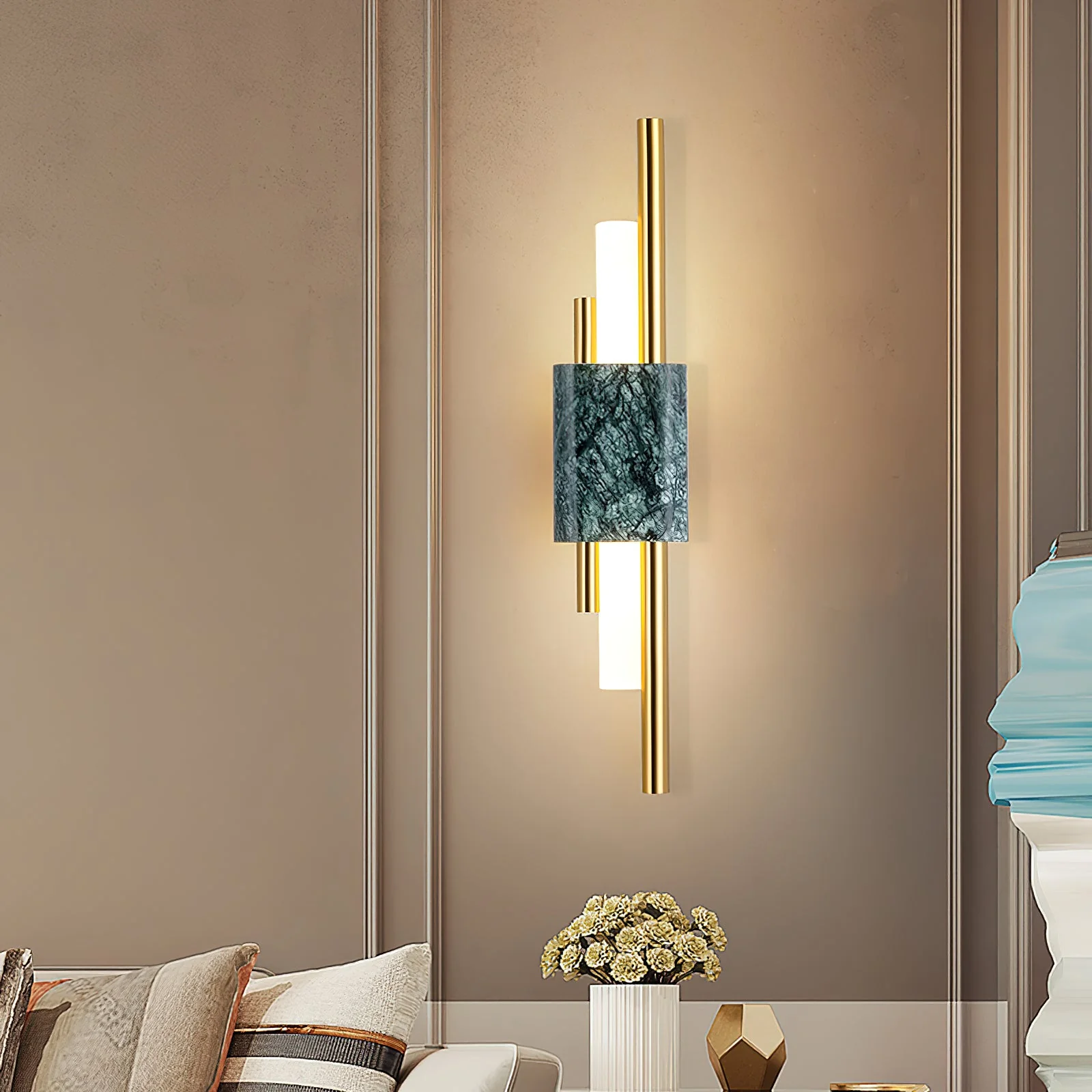 Tanto Plug In Wall Light - ∅ 3.9″ x H 19.7″ / Dia 10cm x H 50cm Set of 2 / White Marble & Gold / EU Plug