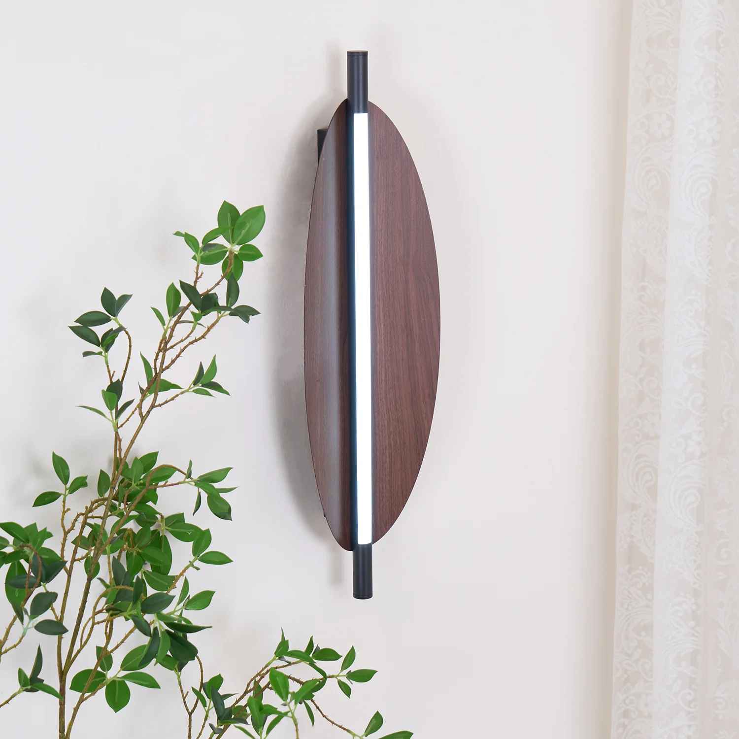 Sleek Board Sconce - ∅ 7.1″ x H 23.6″ / ∅ 18cm x H 60cm Set of 2 / Hydrographic Walnut Wood Grain Finish / Warm Light