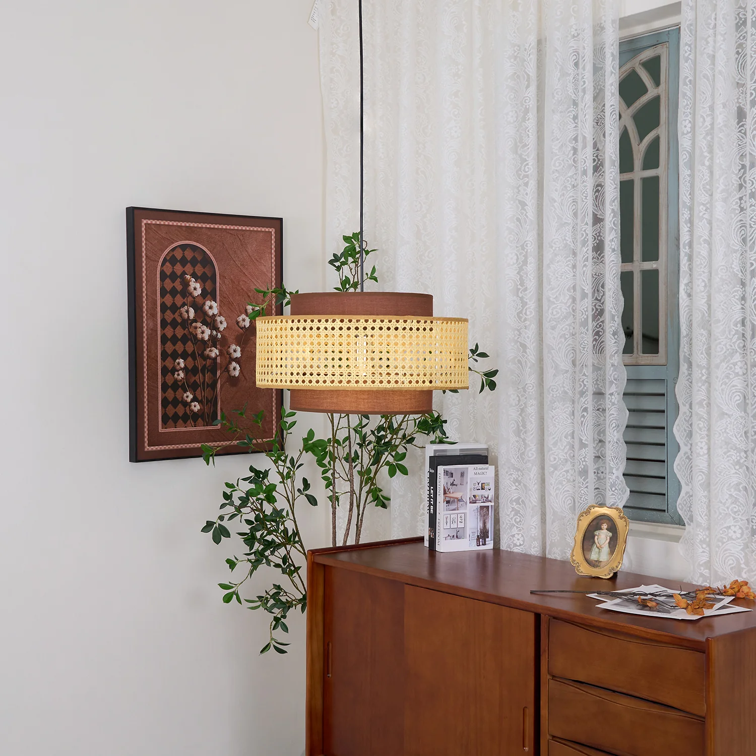 Подвесной светильник Drum Shade - ∅40см x 22см, черный, натуральный ротанг