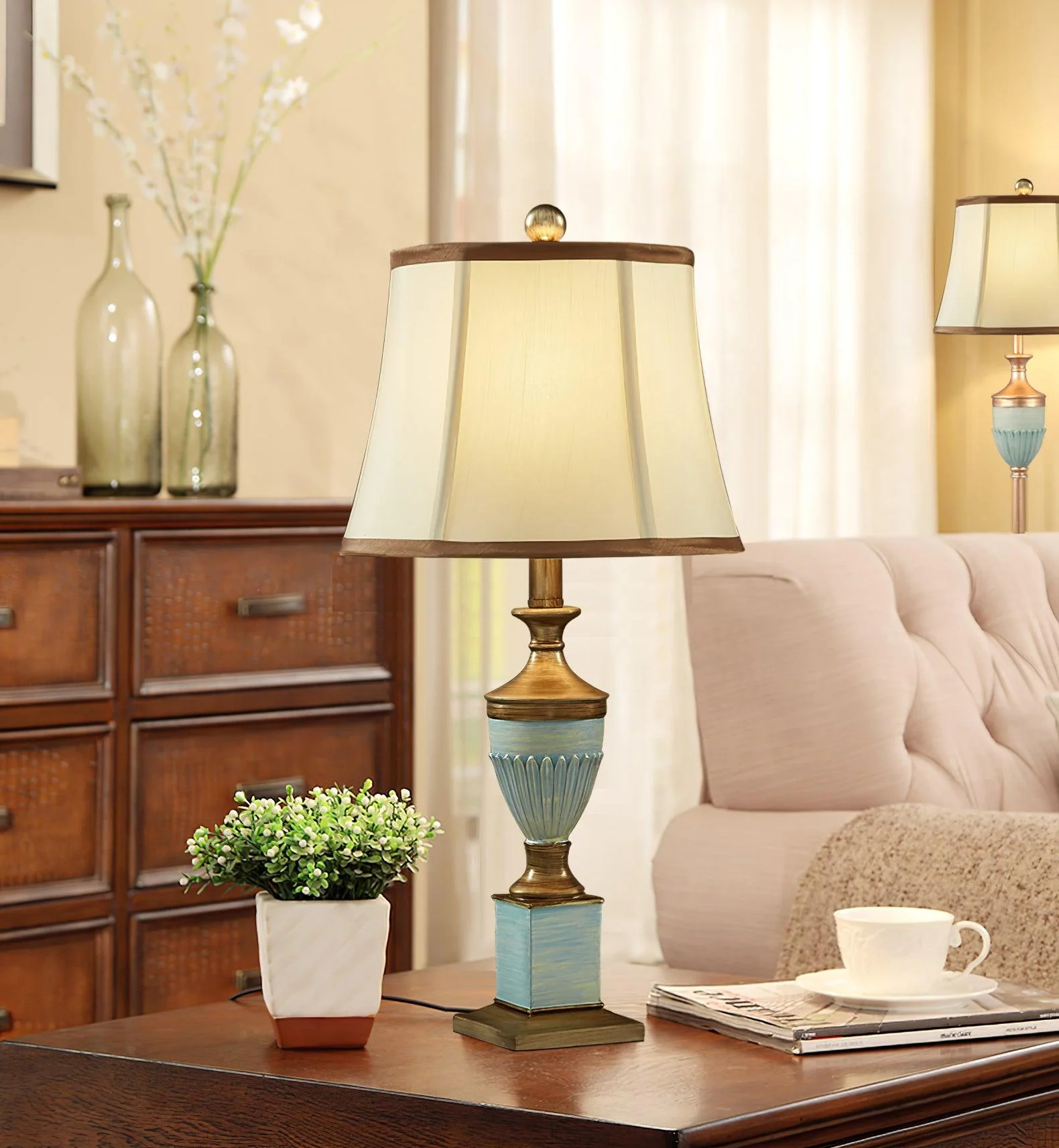 Smafan Table Lamp - ∅ 14.1″ x H 28.7″ / Dia 36cm x H 73cm / Green+ Gold / AU plug