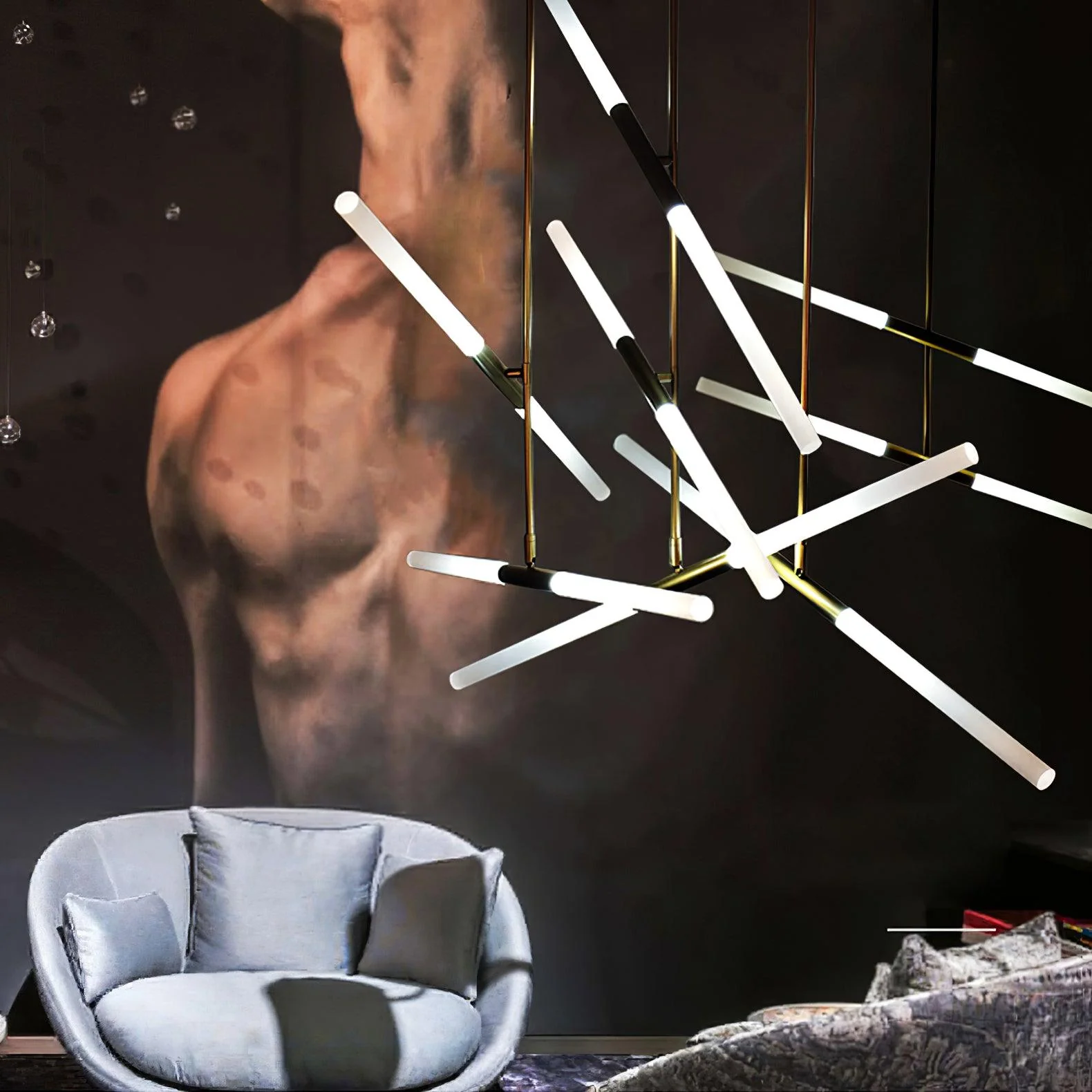 Подвесной светильник Hash Linear Suspension - 6 подвесов ∅100см x 110см, золотой, белый