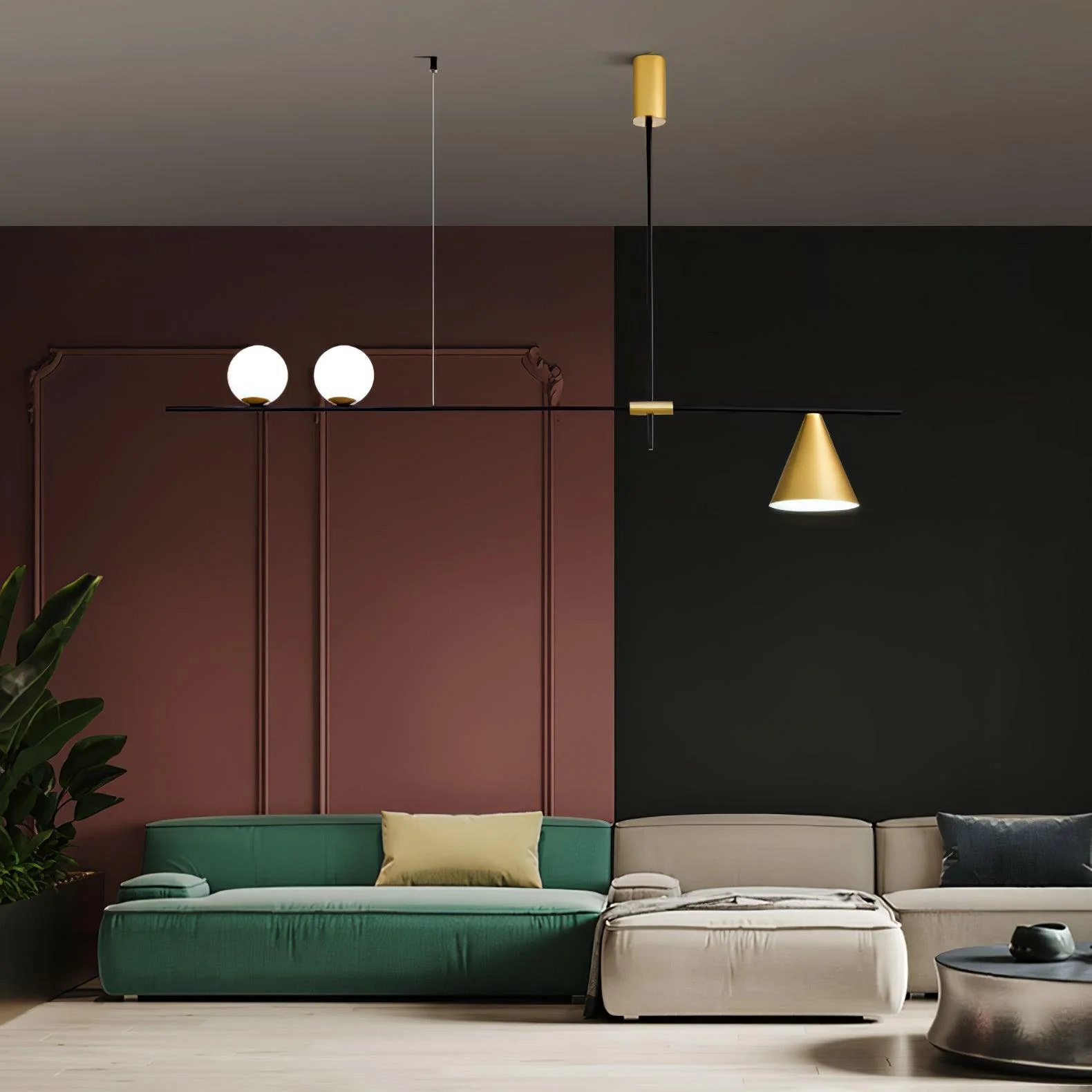 Подвесной светильник Eclipse Linear Suspension - 3 источника света 123см x 70см, золотой, золотой абажур