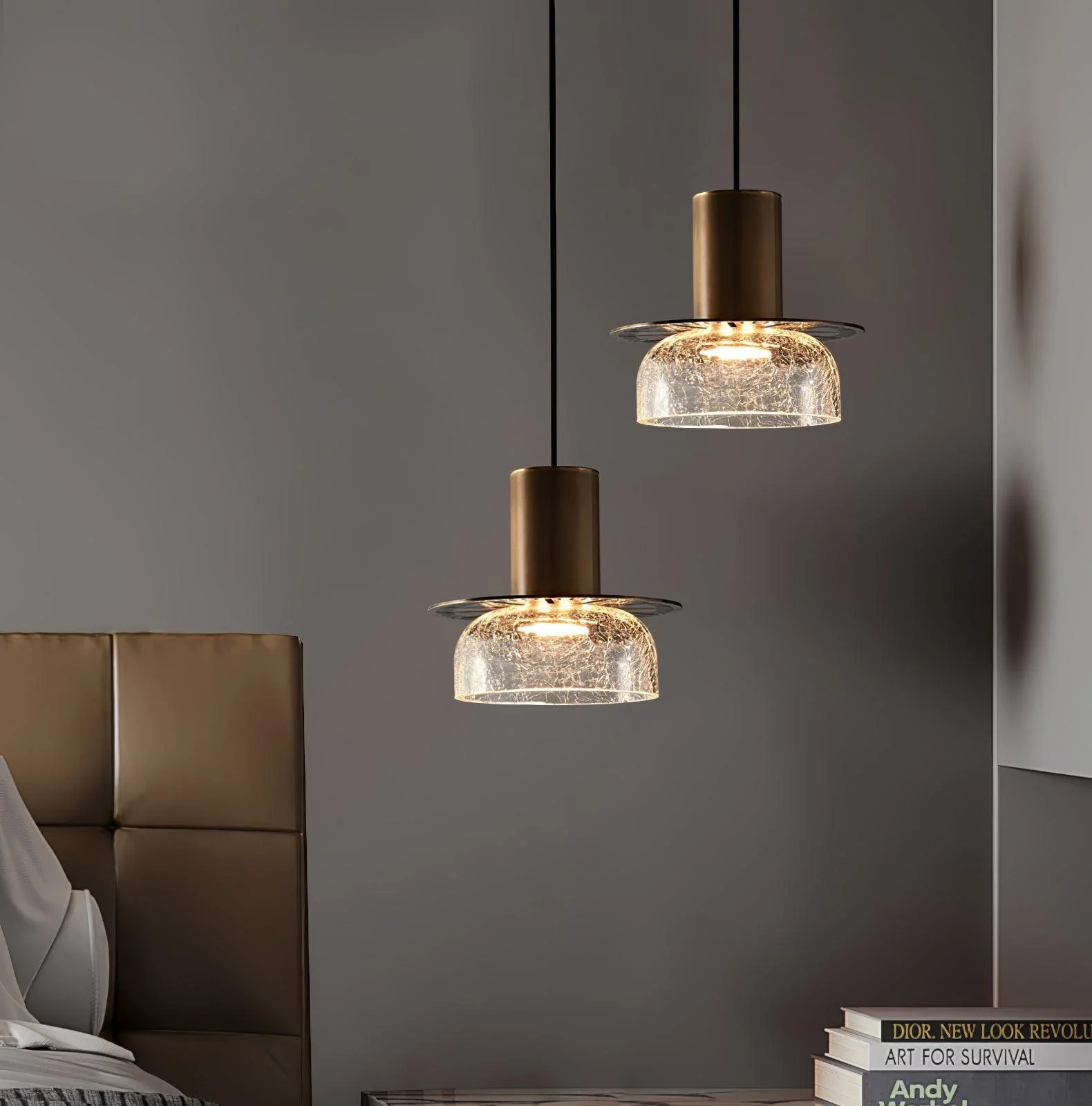Подвесной светильник Glacier Crackle Glass - модель B, ∅12см x 30см, янтарь, бронза, теплый свет