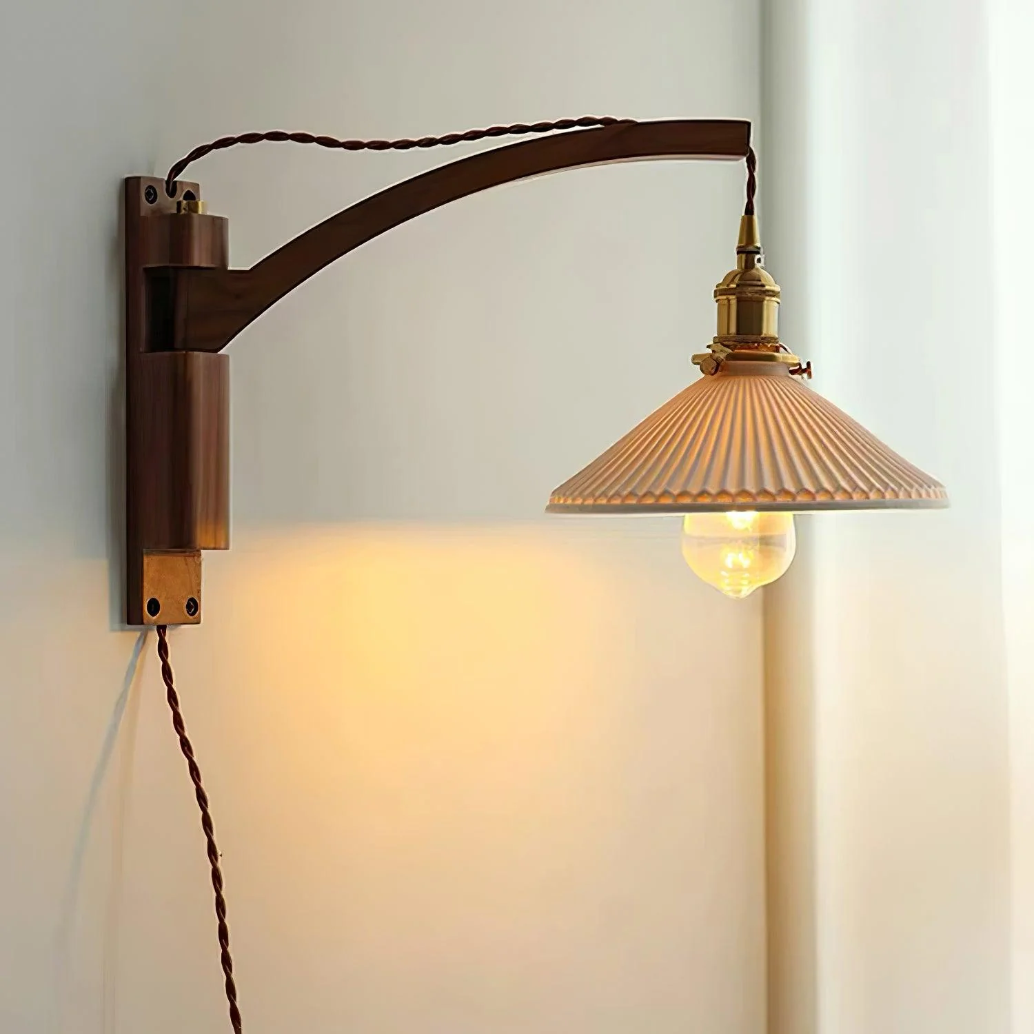 Walnut Swing Arm Wall Lamp - Model B Set of 2 / Brass & Walnut & White / EU Plug