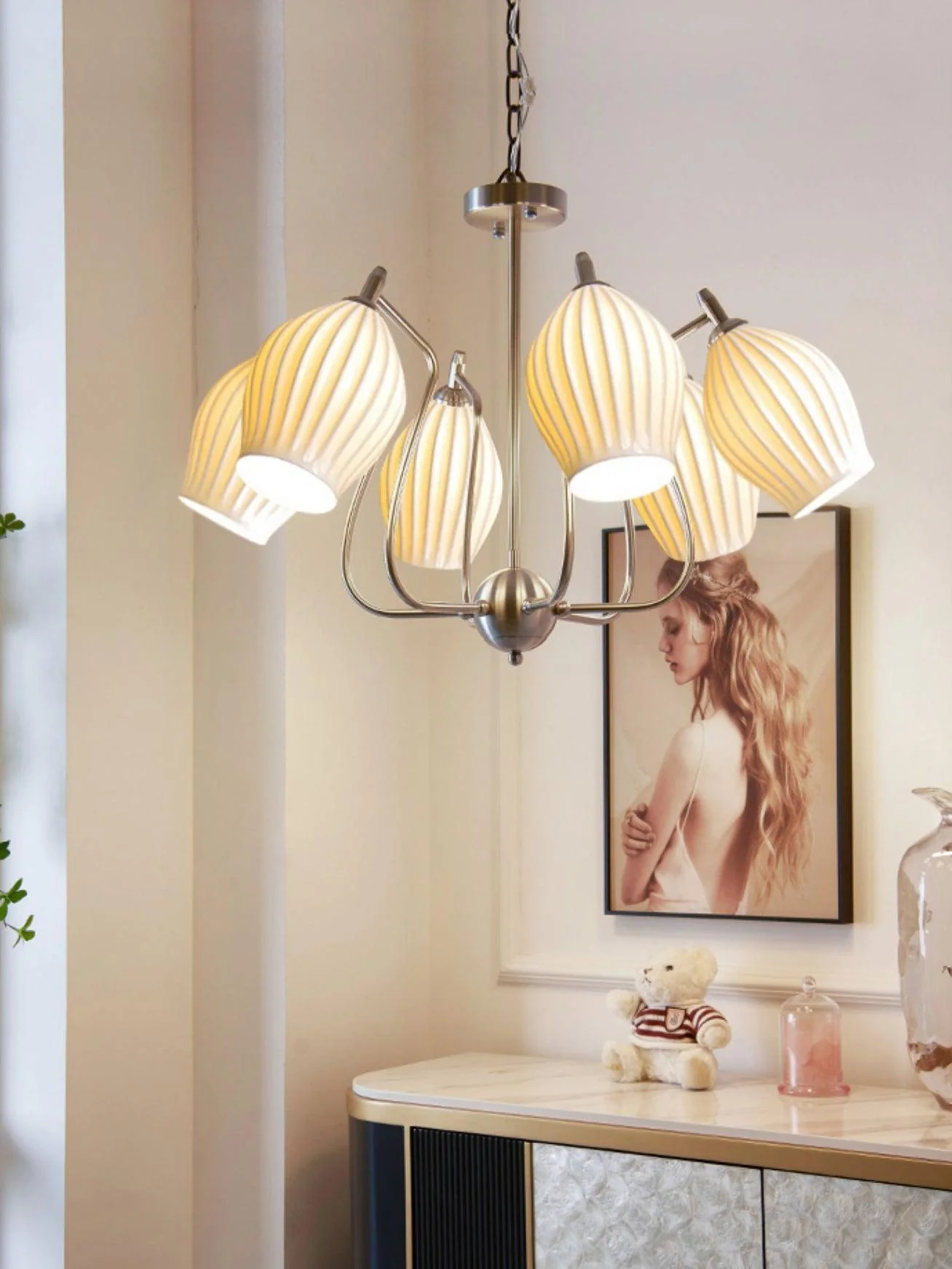 Люстра Ceramic Ribbed - 8 плафонов ∅90см x 47см, песочный никель