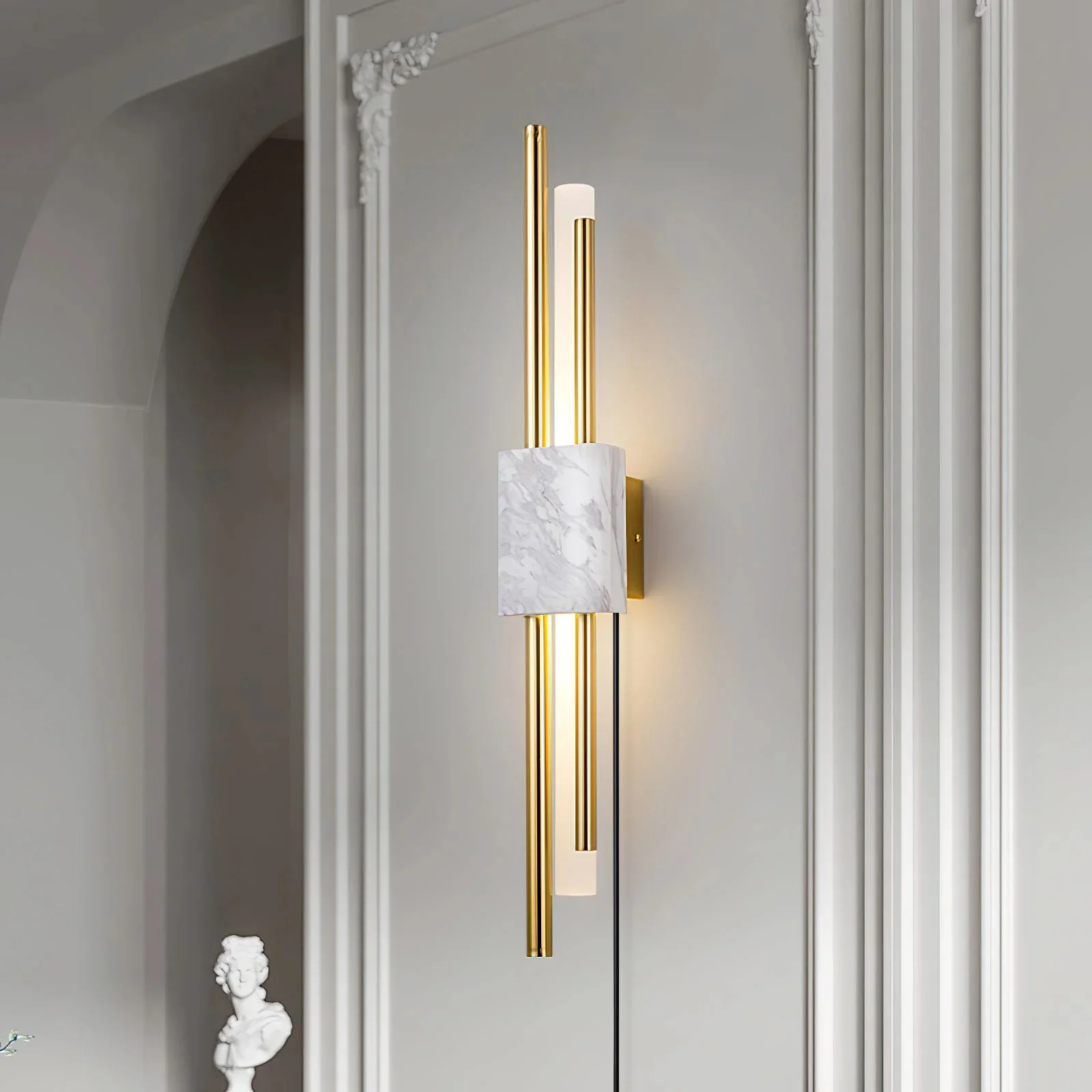 Tanto Plug In Wall Light - ∅ 3.9″ x H 19.7″ / Dia 10cm x H 50cm Set of 2 / White Marble & Gold / EU Plug