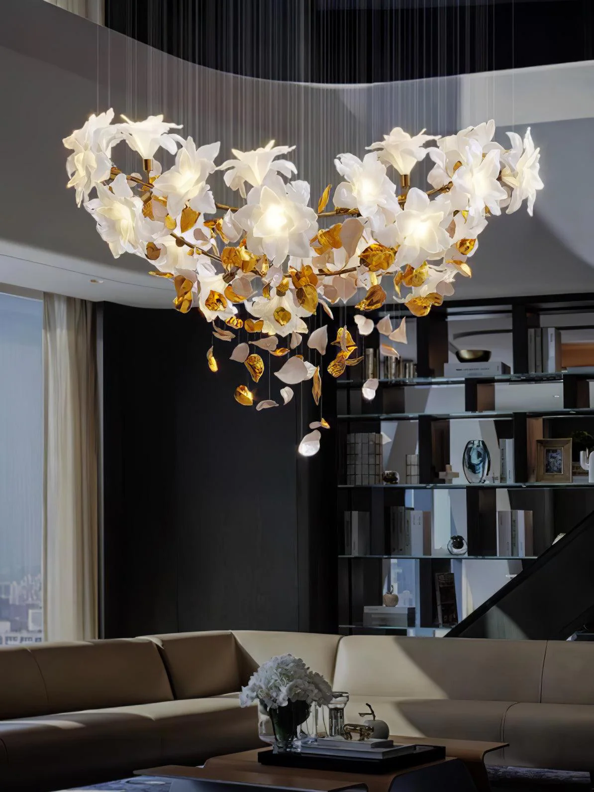 Люстра Flying Flowers Fluttering - модель A ∅80см x 180см, латунь, белый