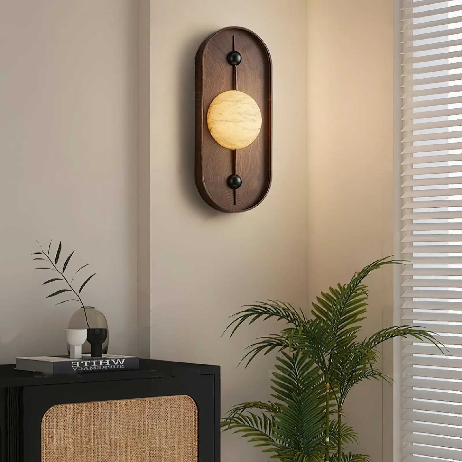 Настенный светильник Bezel - ∅20см x 50см, орех, белый, теплый свет