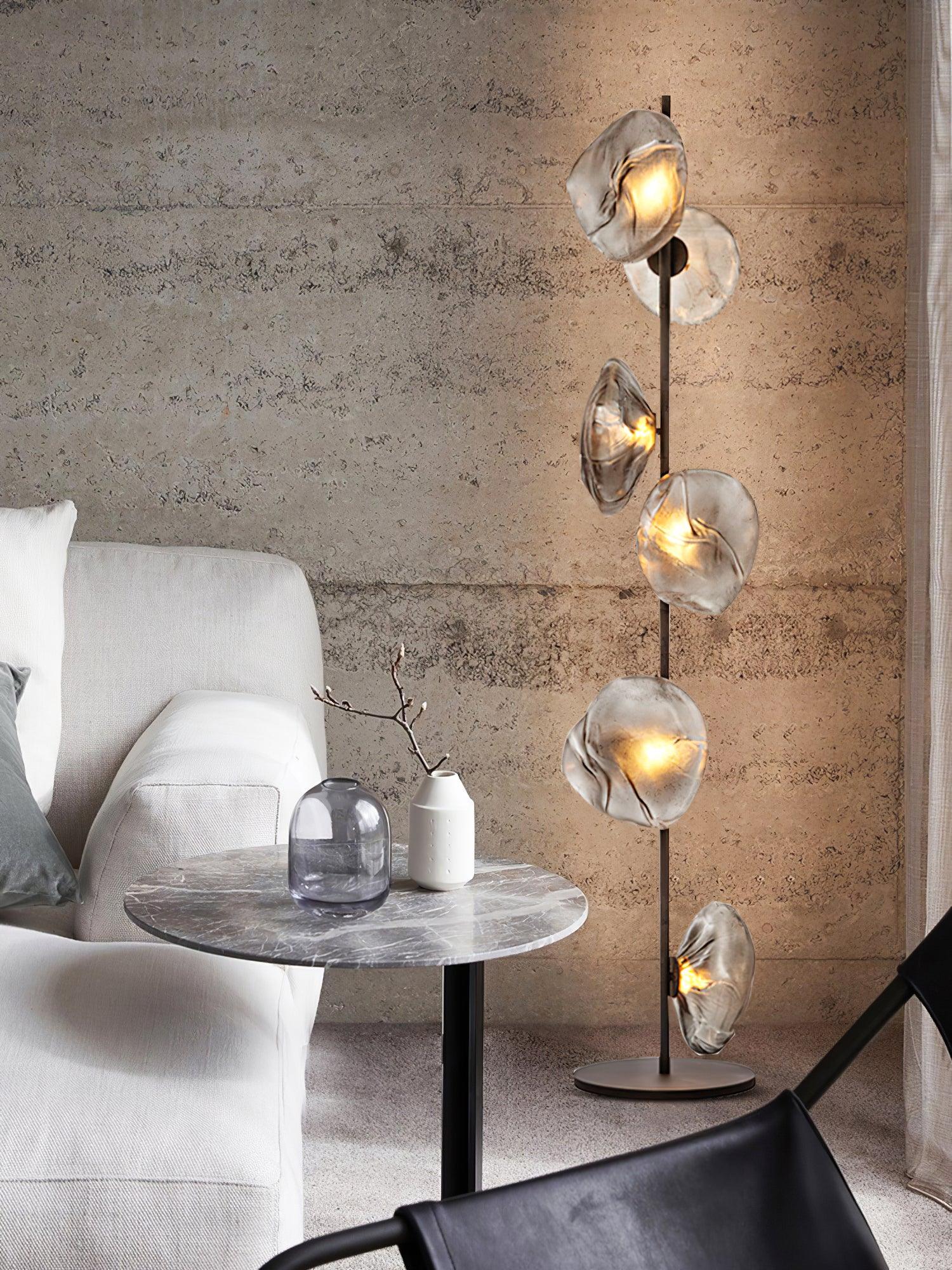 Glass Mesh Petals Floor Lamp - 6 heads ∅ 13.8″ x H 70.9″ / Dia 35cm x H 180cm / Gold+Smoke gray / UK plug