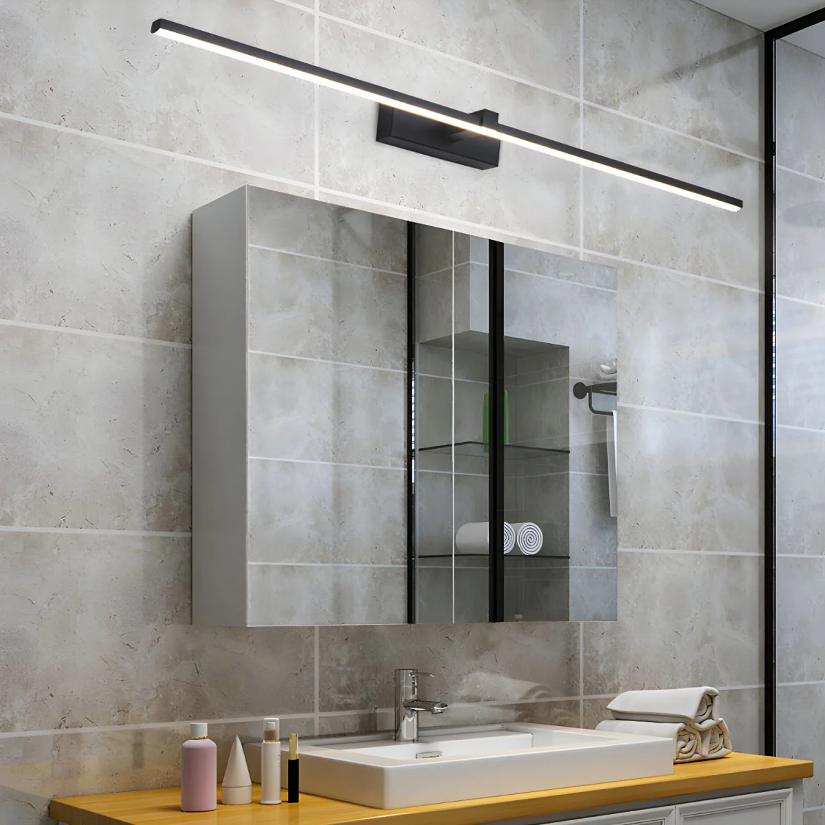 Metal Linear Mirror Wall Light - ∅ 23.6″ x H 3.1″ / Black & Warm Light / Set Of 2