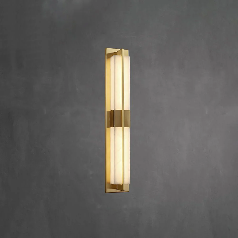 Rectangular Alabaster Brass Wall Sconce - ∅ 4.7″ x H 31.5″ / Dia 12cm x H 80cm / Black & Warm Light / Set Of 2