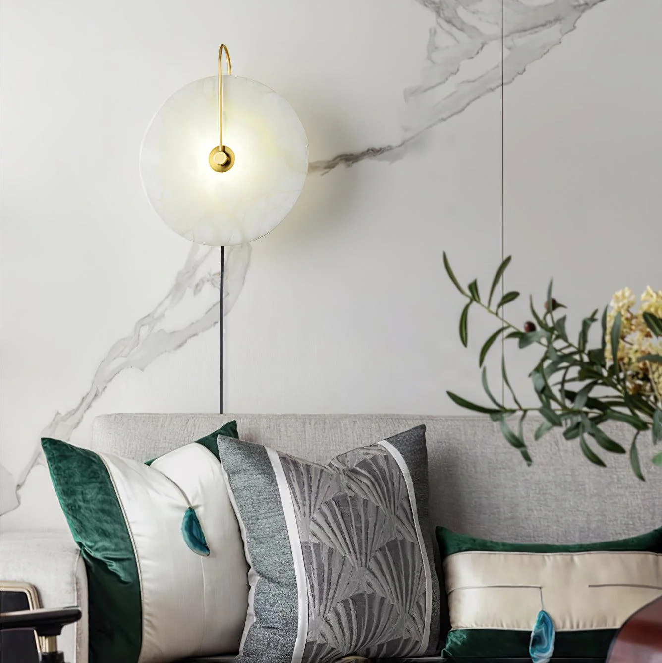 Alabaster LED Plug-In Wall Lamp - ∅ 9.8″ Set of 2 / Gold & White cable / EU Plug