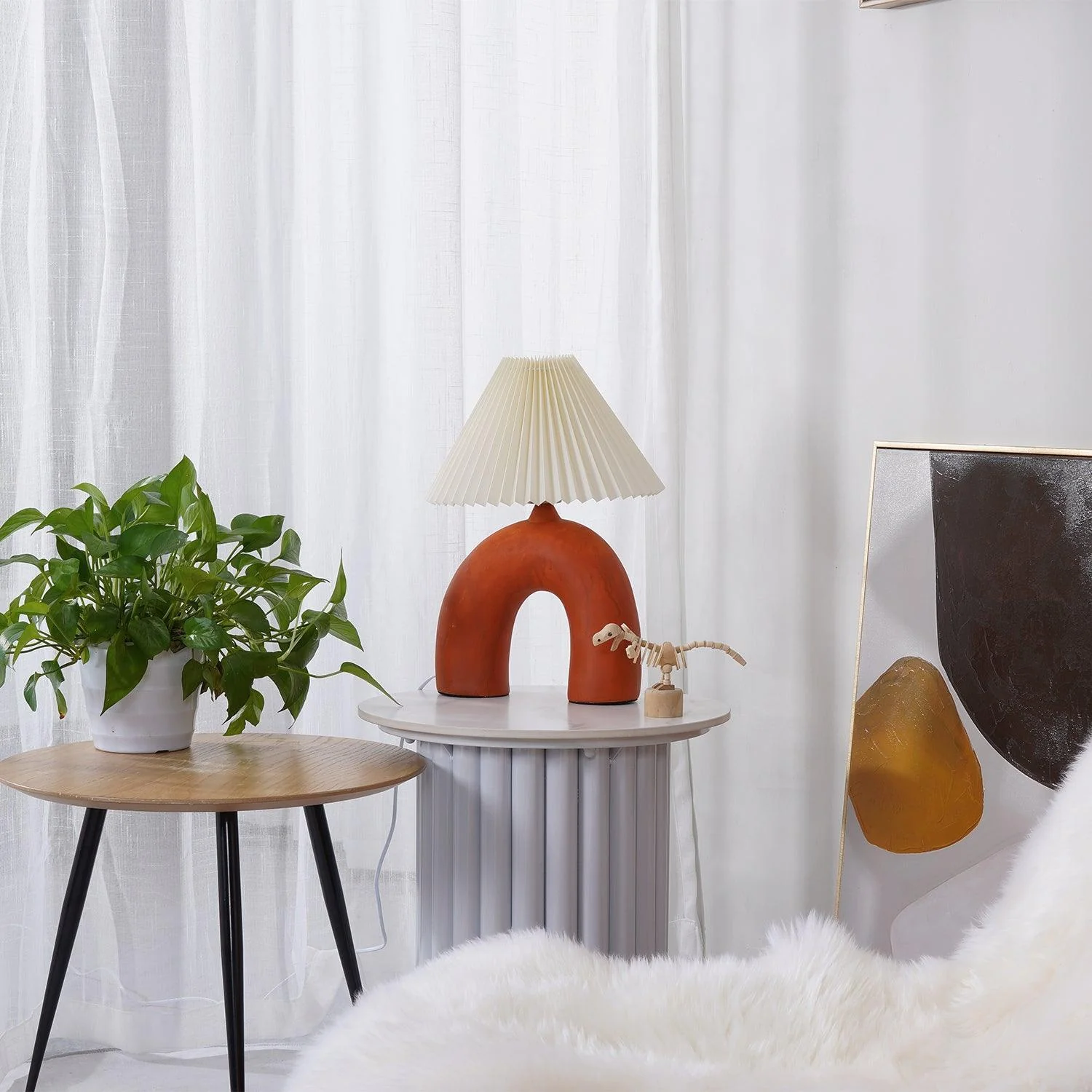 Arched Pleated Table Lamp - ∅ 11.8″ x H 16.5″ / Dia 30cm x H 42cm / Skin / AU plug