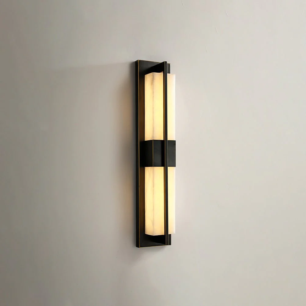 Rectangular Alabaster Brass Wall Sconce - ∅ 4.7″ x H 31.5″ / Dia 12cm x H 80cm / Black & Warm Light / Set Of 2