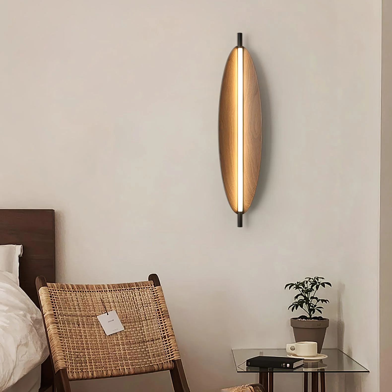 Sleek Board Sconce - ∅ 7.1″ x H 23.6″ / ∅ 18cm x H 60cm Set of 2 / Hydrographic Walnut Wood Grain Finish / Warm Light