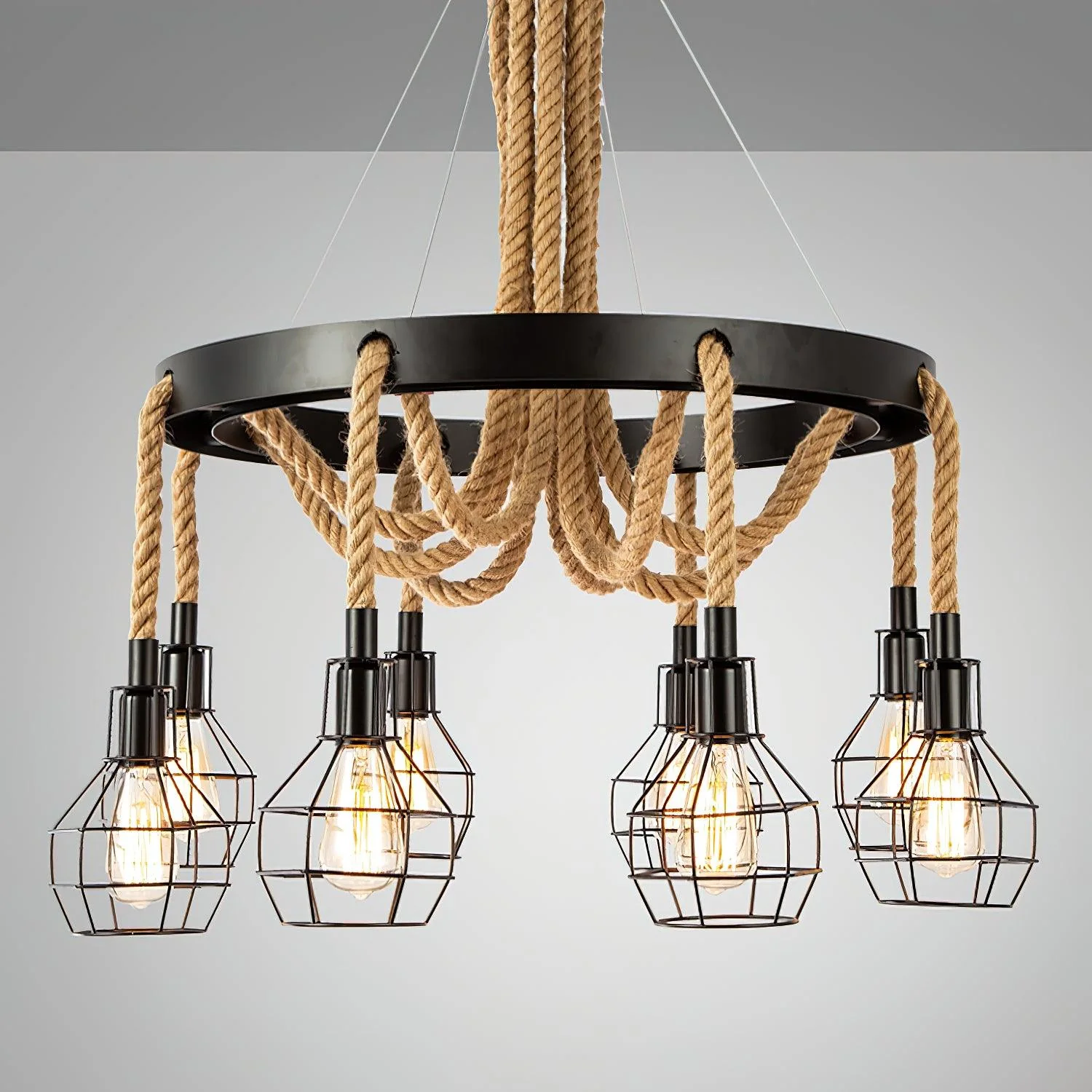 Люстра Hemp Rope Industrial Starfall - 8 плафонов ∅78см х 120см, черный, льняной