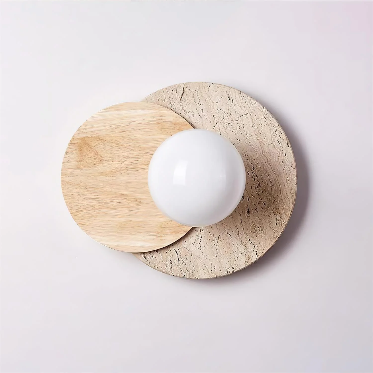 Lunar Eclipse Wall Lamp - ∅ 11.8″ x H 9.8″ / Dia 30cm x H 25cm Set of 2 / Wood Color & Beige