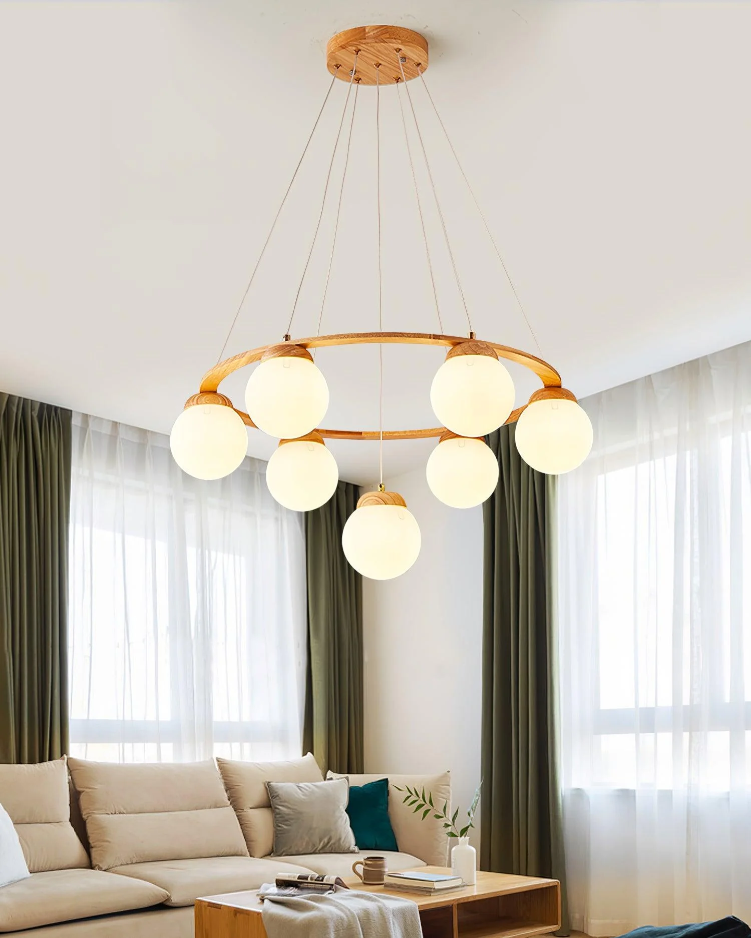 Люстра Miira Wood - 4 подвеса ∅50см x 150см, дерево, белый