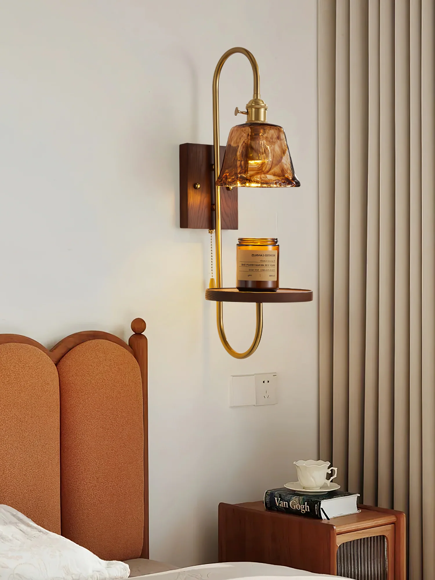 Walnut Shelf Sconce - Model A H 21.3″ x W 7.1″ x L 9.8″ / Walnut Color & Gold / Set Of 2