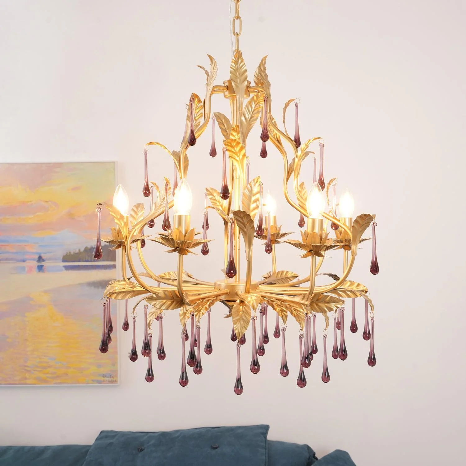 Люстра Amethyst Drops Glass - 6 подвесов ∅65см х 65см, золотой, карамельное стекло