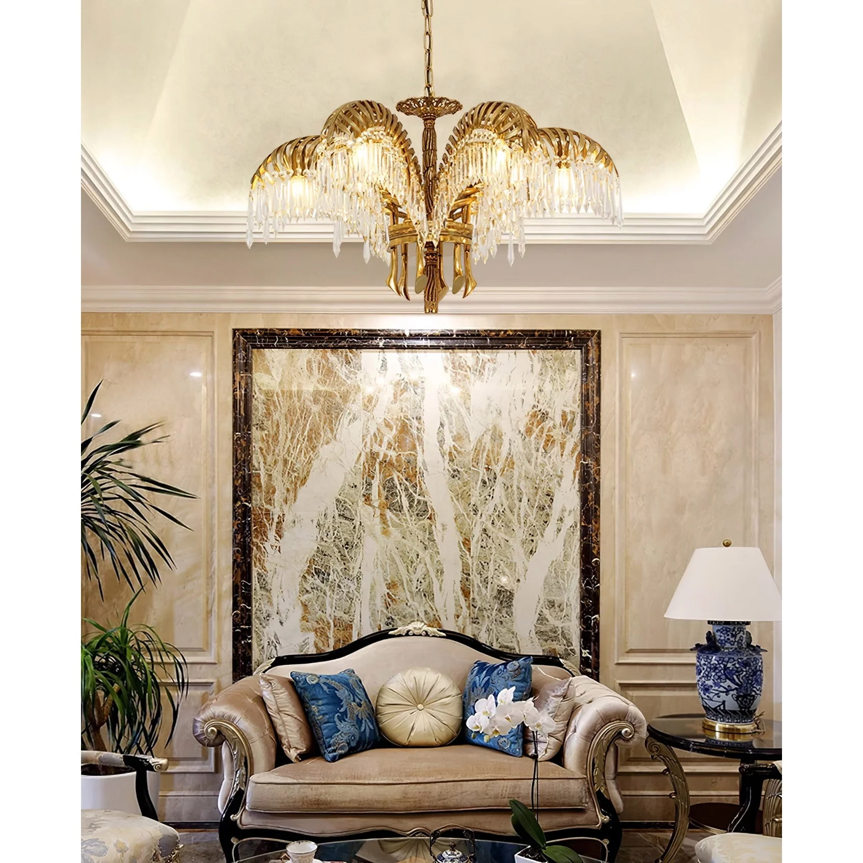 Люстра Brass Palm Leaf Crystal - 8 подвесов ∅82см x 50см, латунь, прозрачный кристалл