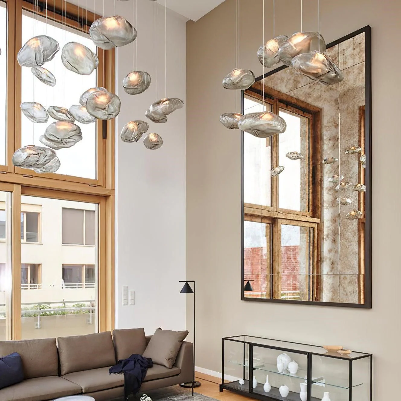 Подвесной светильник Blown Glass Mesh - 20 подвесов, круглое крепление, ∅20см, белый, стекло