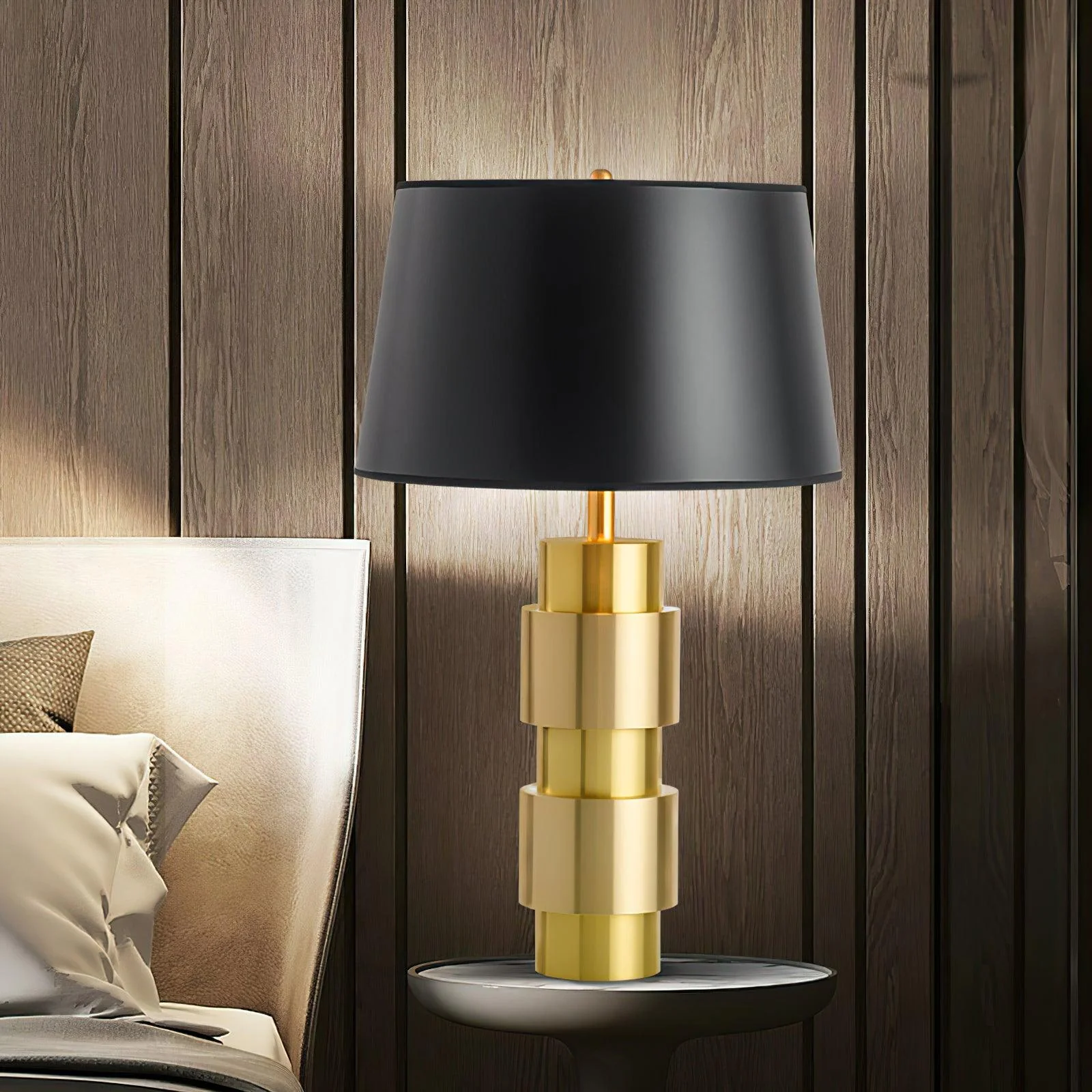 Jean Cylinder Table Lamp - ∅ 15″ x H 23.6″ / Dia 38cm x H 60cm / Gold+Black / UK plug