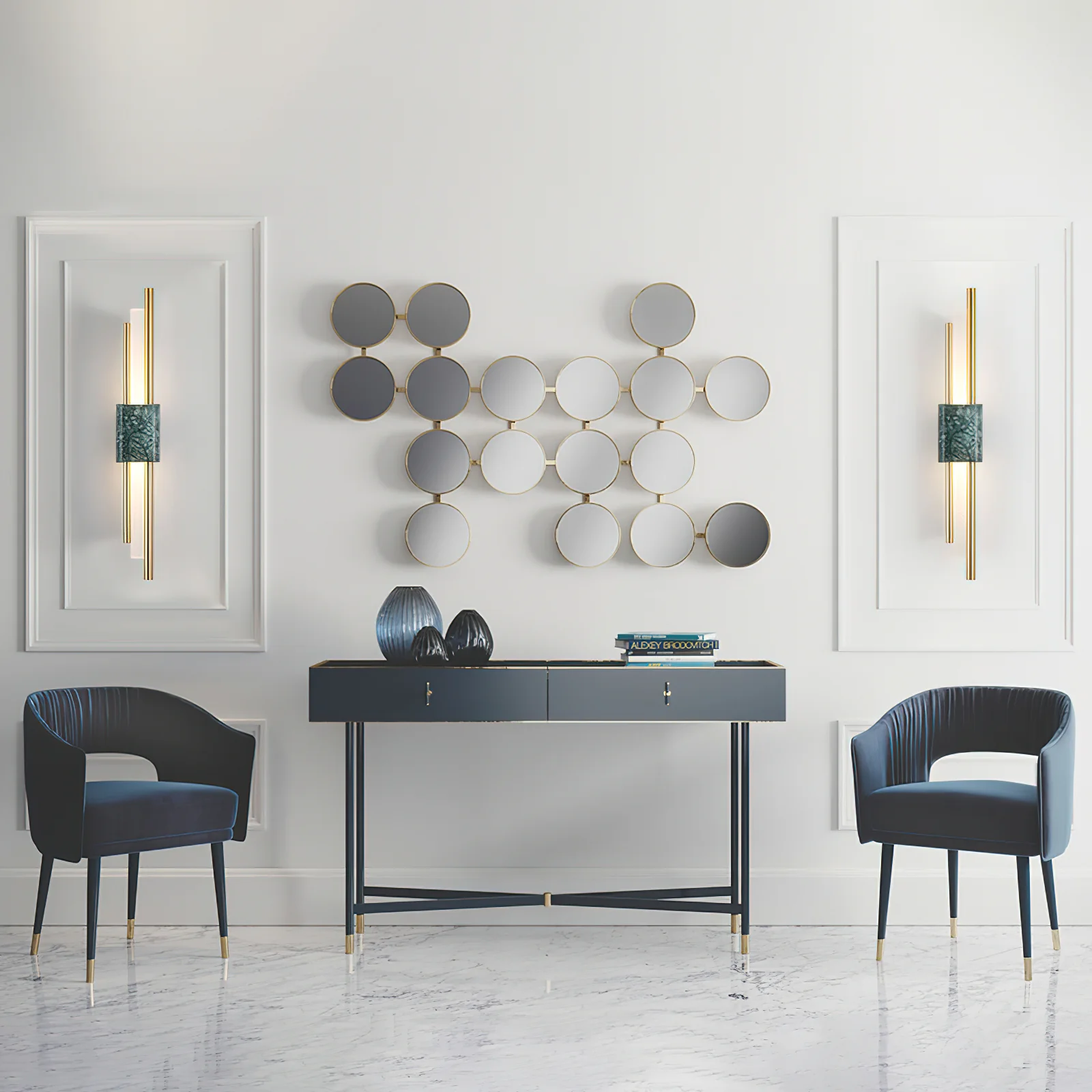 Tanto Wall Light - ∅ 3.9″ x H 23.6″ Set of 2 / White Marble & Gold / Cool Light