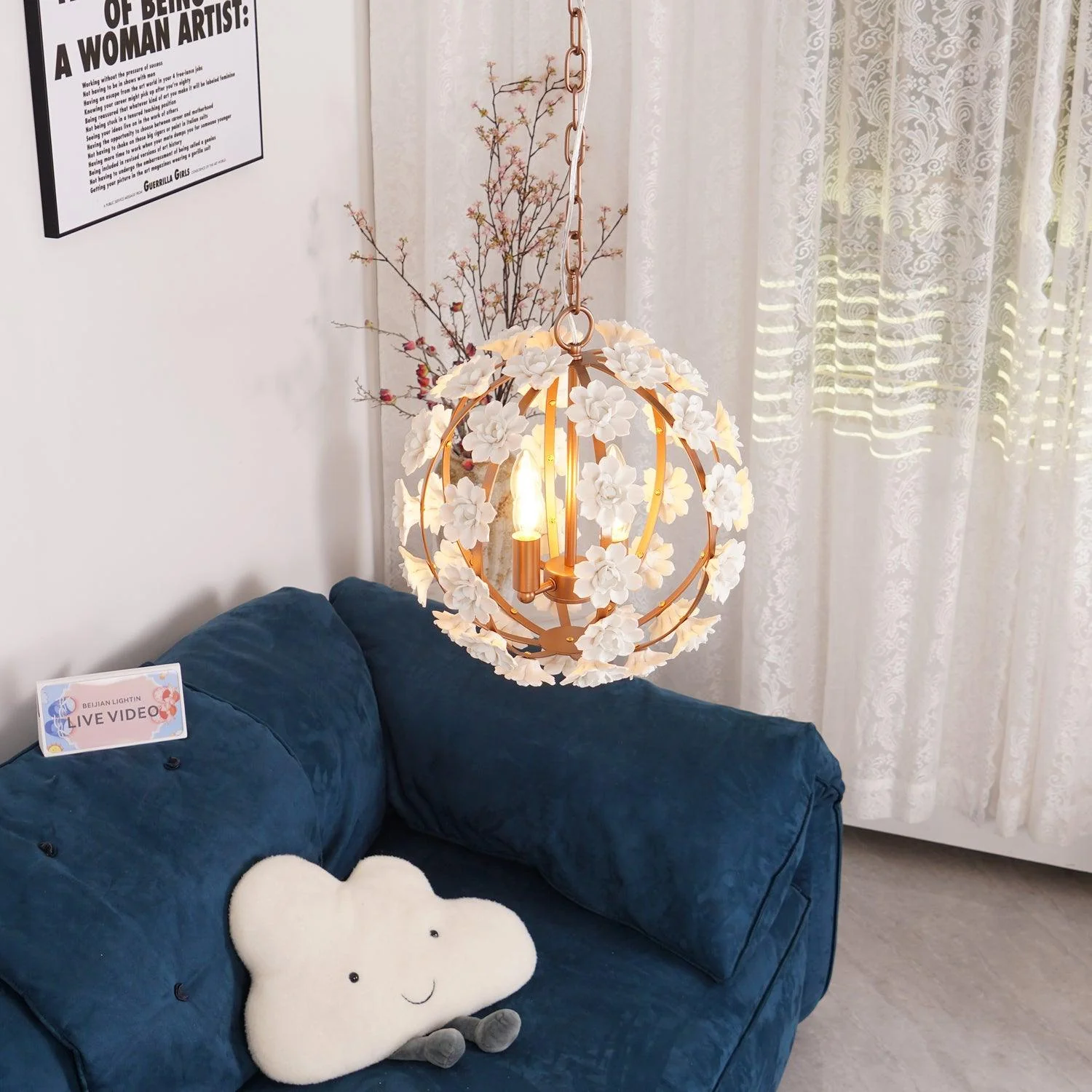 Люстра Bianca Floral Orb - ∅58см x 55см, розовое золото, белый