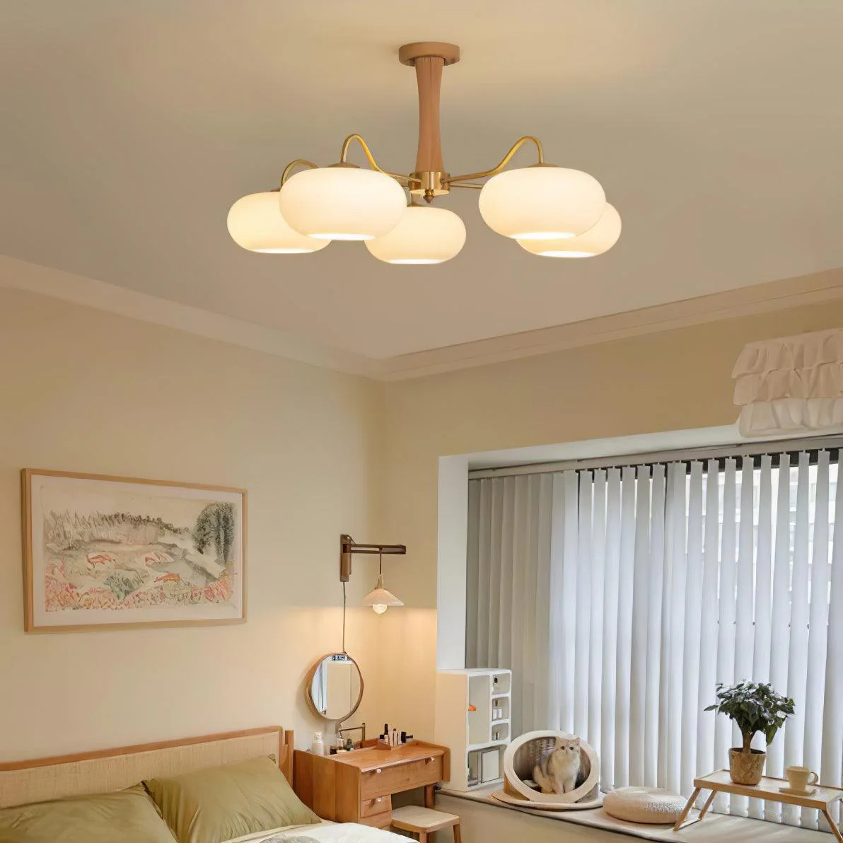 Люстра Brass Wooden Persimmon - 3 плафона ∅68см x 43см, латунь, натуральное дерево, белый