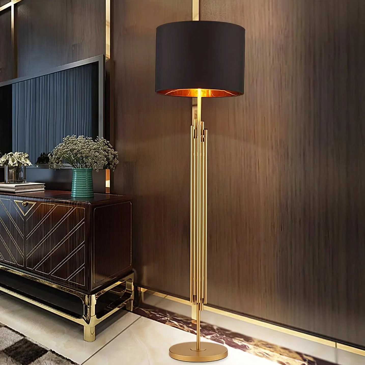 Rubell Floor Light - ∅ 17.7″ x H 65″ / Dia 45cm x H 165m / Gold+Black / AU plug