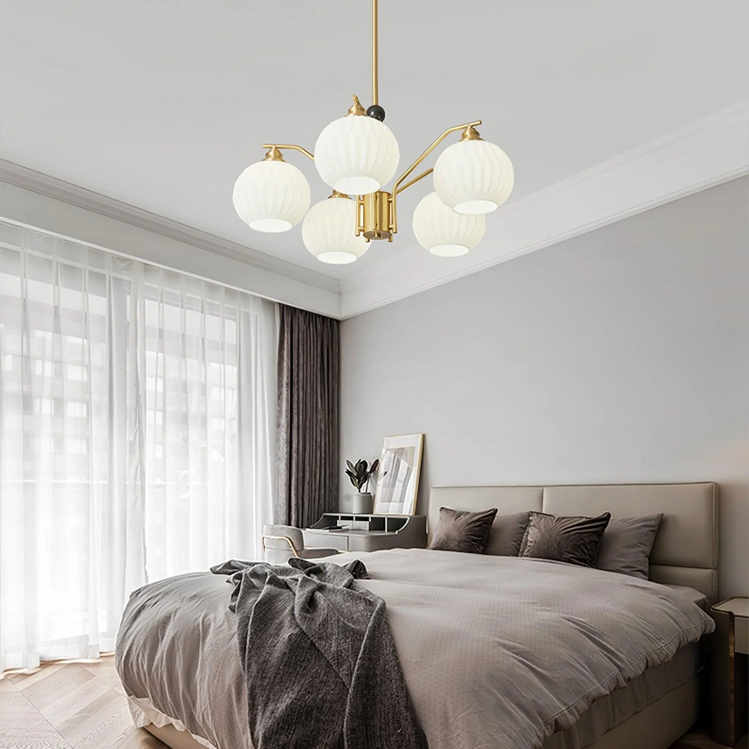 Люстра Ribbed Glass Gold - 5 плафонов ∅70см x 45см, золотой, белый