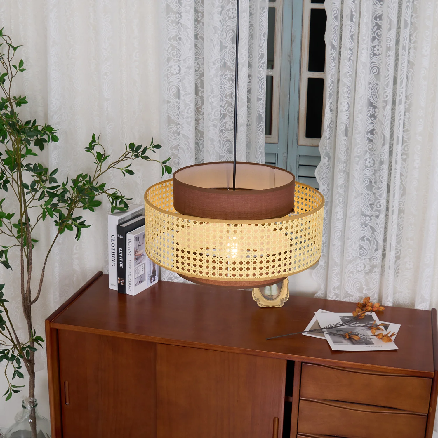 Подвесной светильник Drum Shade - ∅40см x 22см, черный, натуральный ротанг