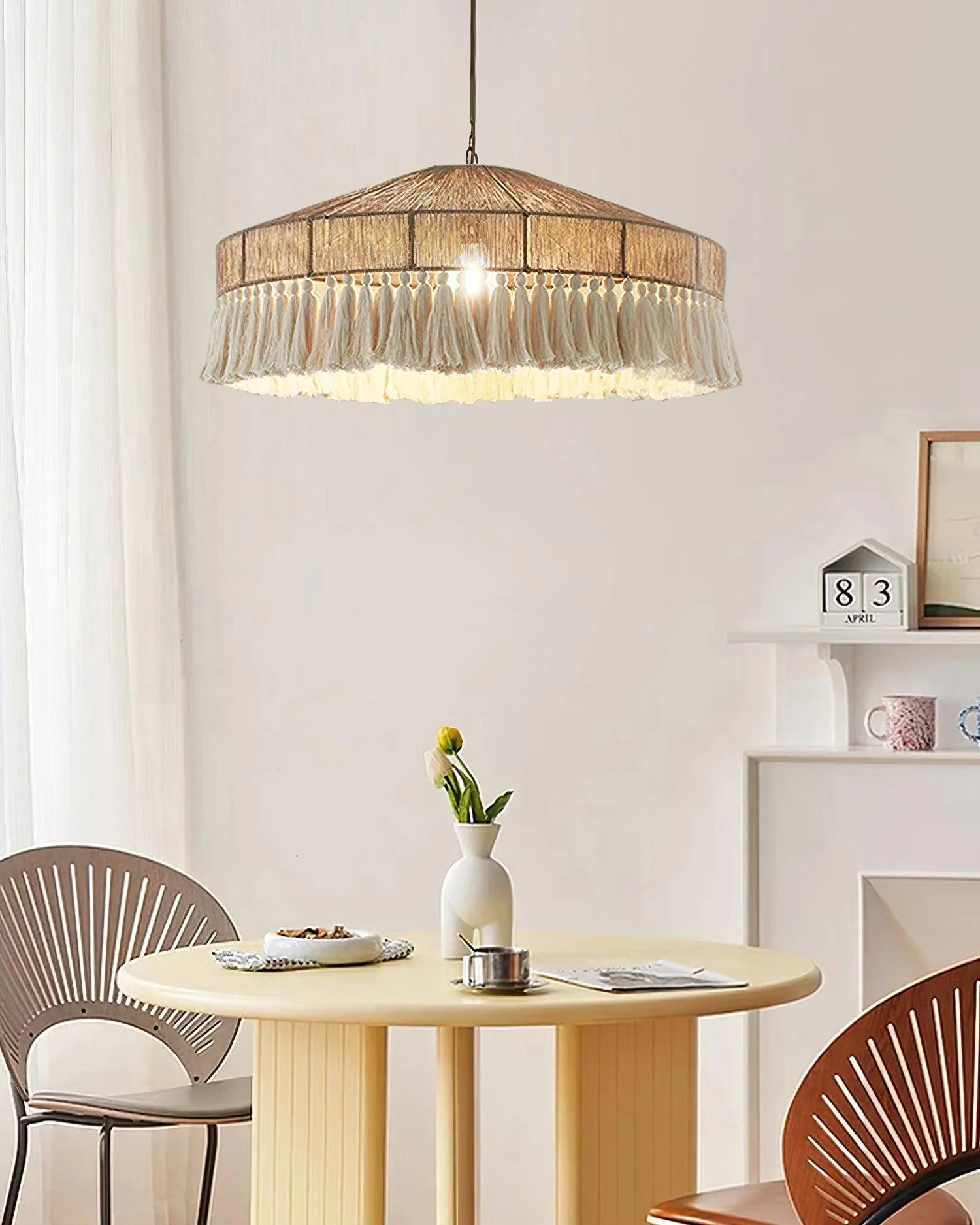 Подвесной светильник Bohemian Fringe - ∅60см x 26см, светло-коричневый, белый