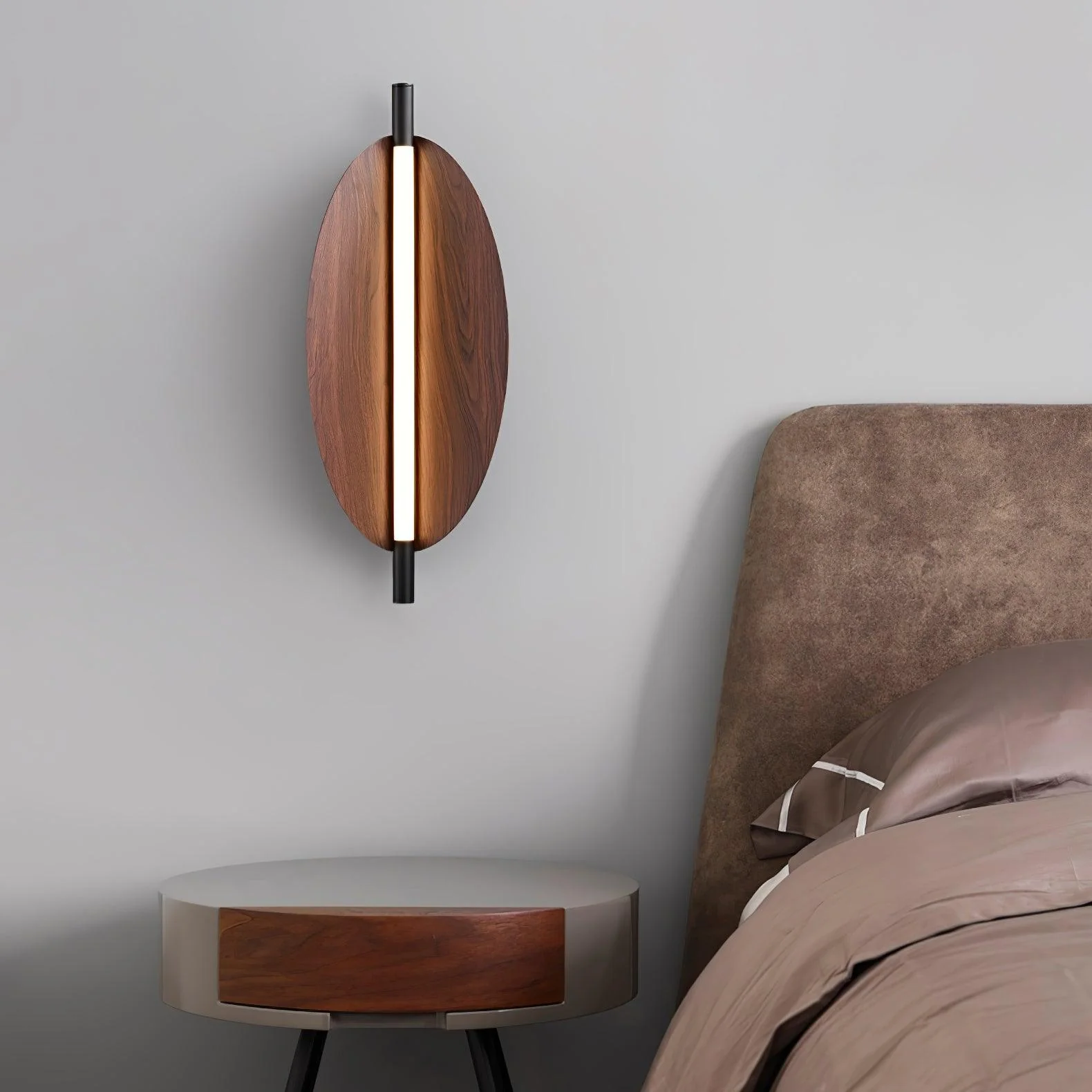 Sleek Board Sconce - ∅ 7.1″ x H 23.6″ / ∅ 18cm x H 60cm Set of 2 / Hydrographic Walnut Wood Grain Finish / Warm Light