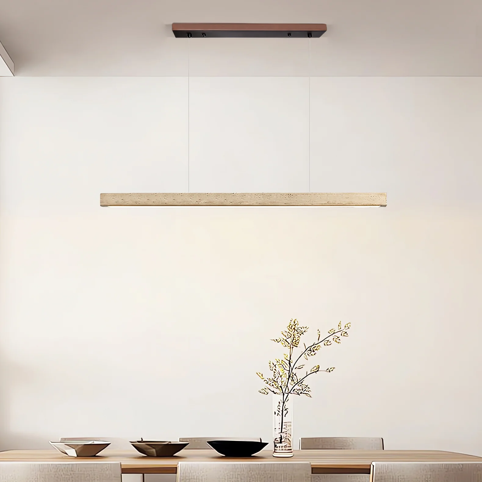 Подвесной светильник Linear Travertine - ∅150см x 5см, дерево, желтый травертин, теплый свет